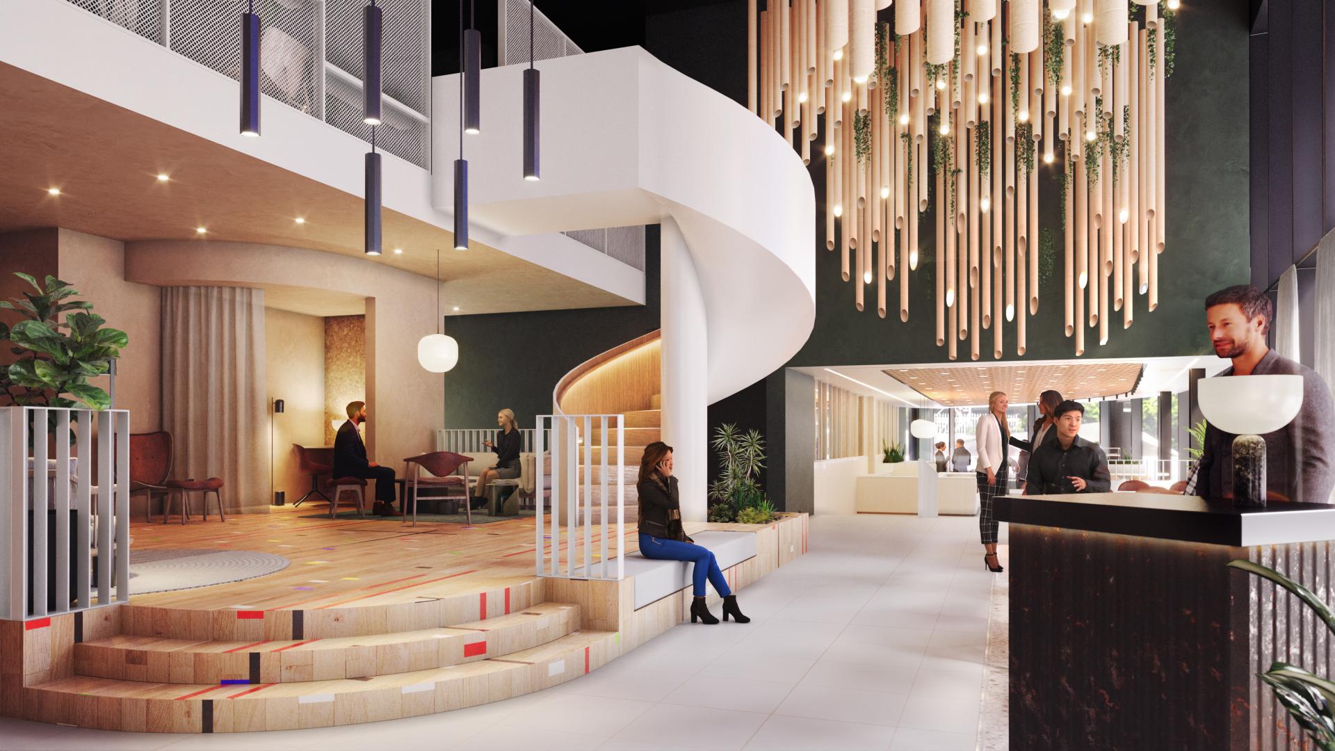Modern lobby design of Eden, showcasing sustainable materials, greenery, and a welcoming ambiance in urban Manchester.