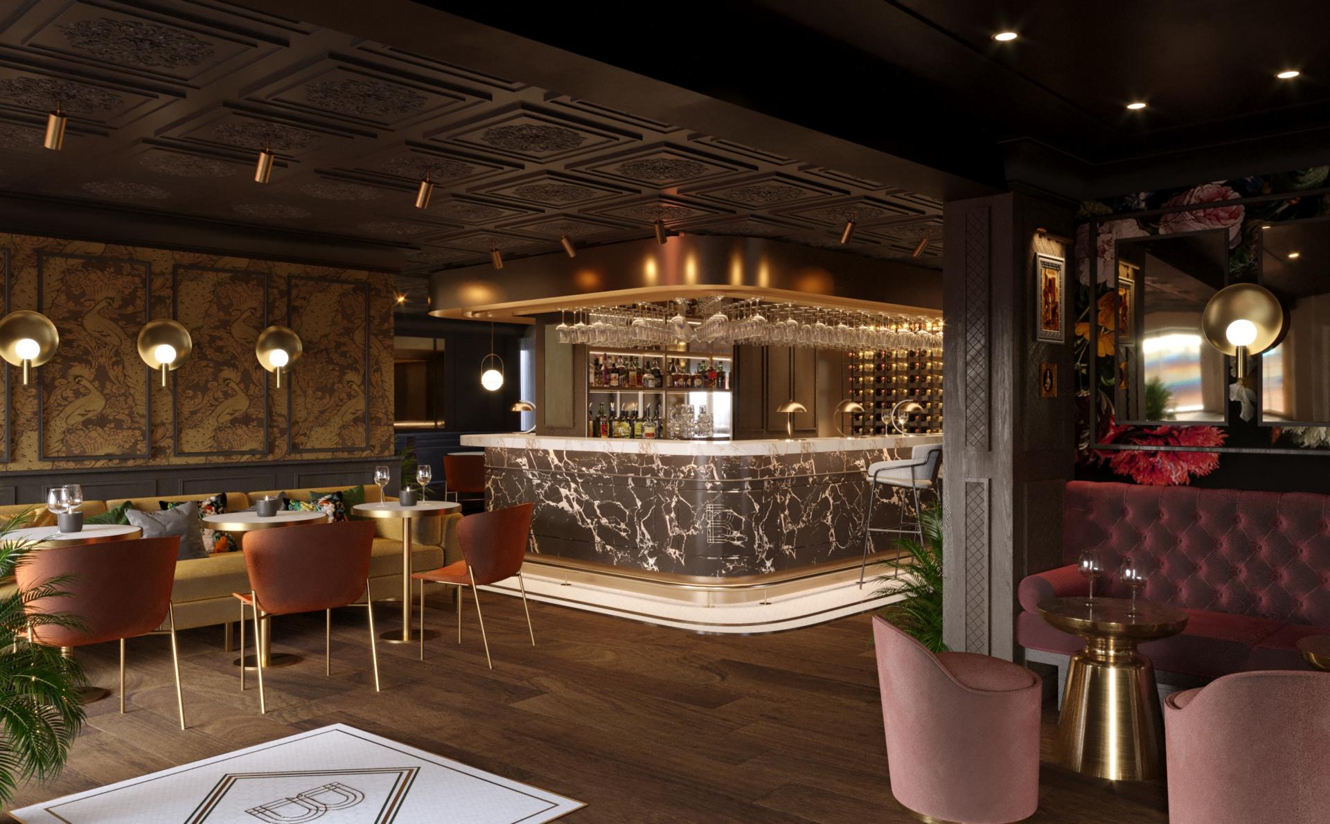 Luxurious bar area with elegant seating, intricate wallpaper, and stylish lighting in the WILDES Chester hotel interior design.