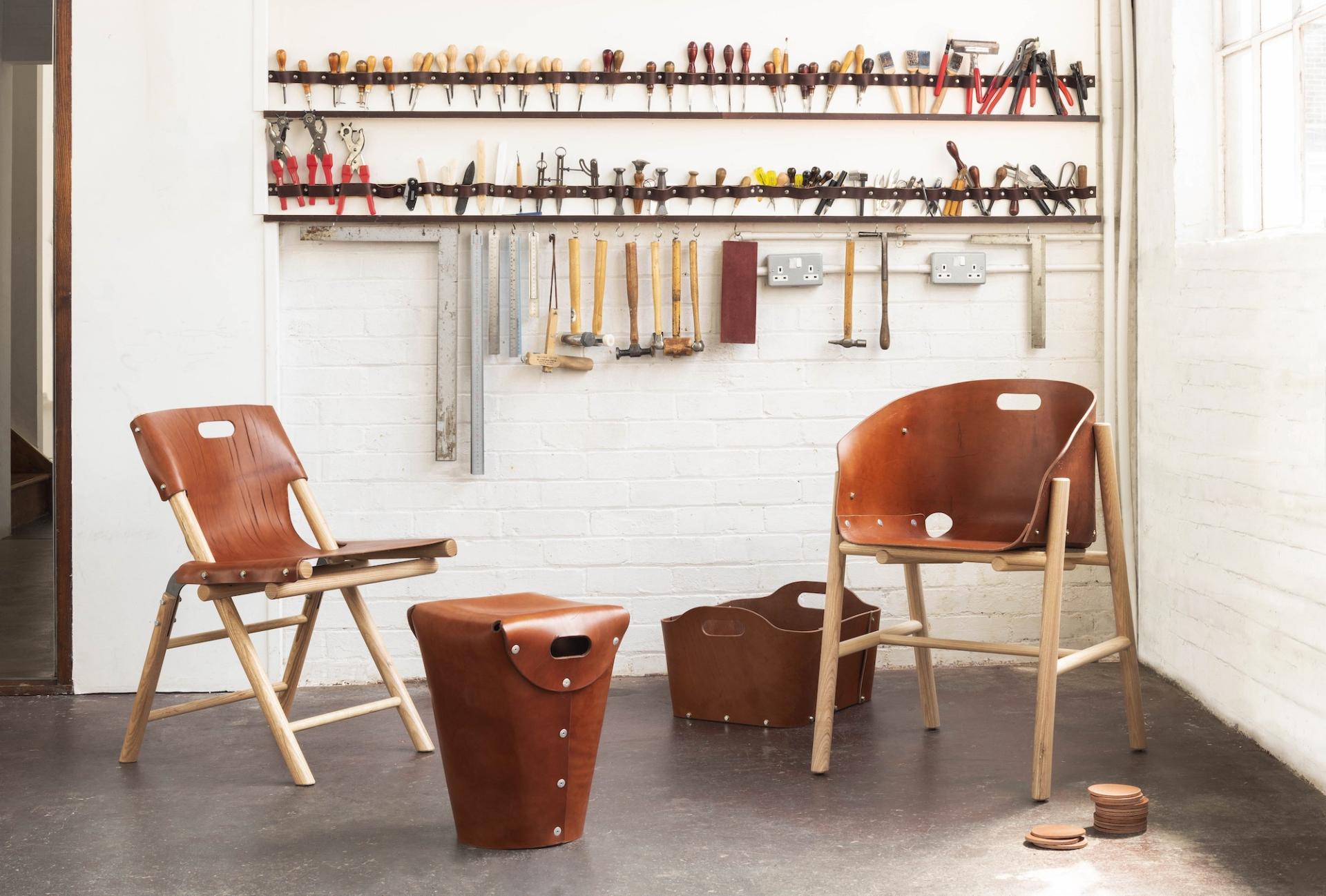 Stylish leather chairs and stool showcased against a workshop backdrop, highlighting sustainable design at Material Matters.