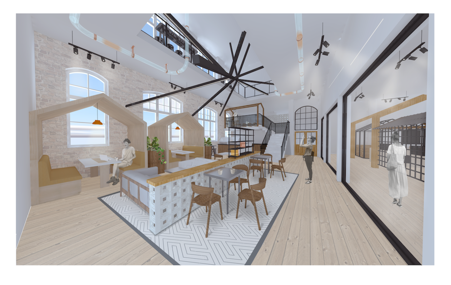 Exquisite graduate design showcase featuring a bright, modern co-working space with wooden accents and stylish seating arrangements.