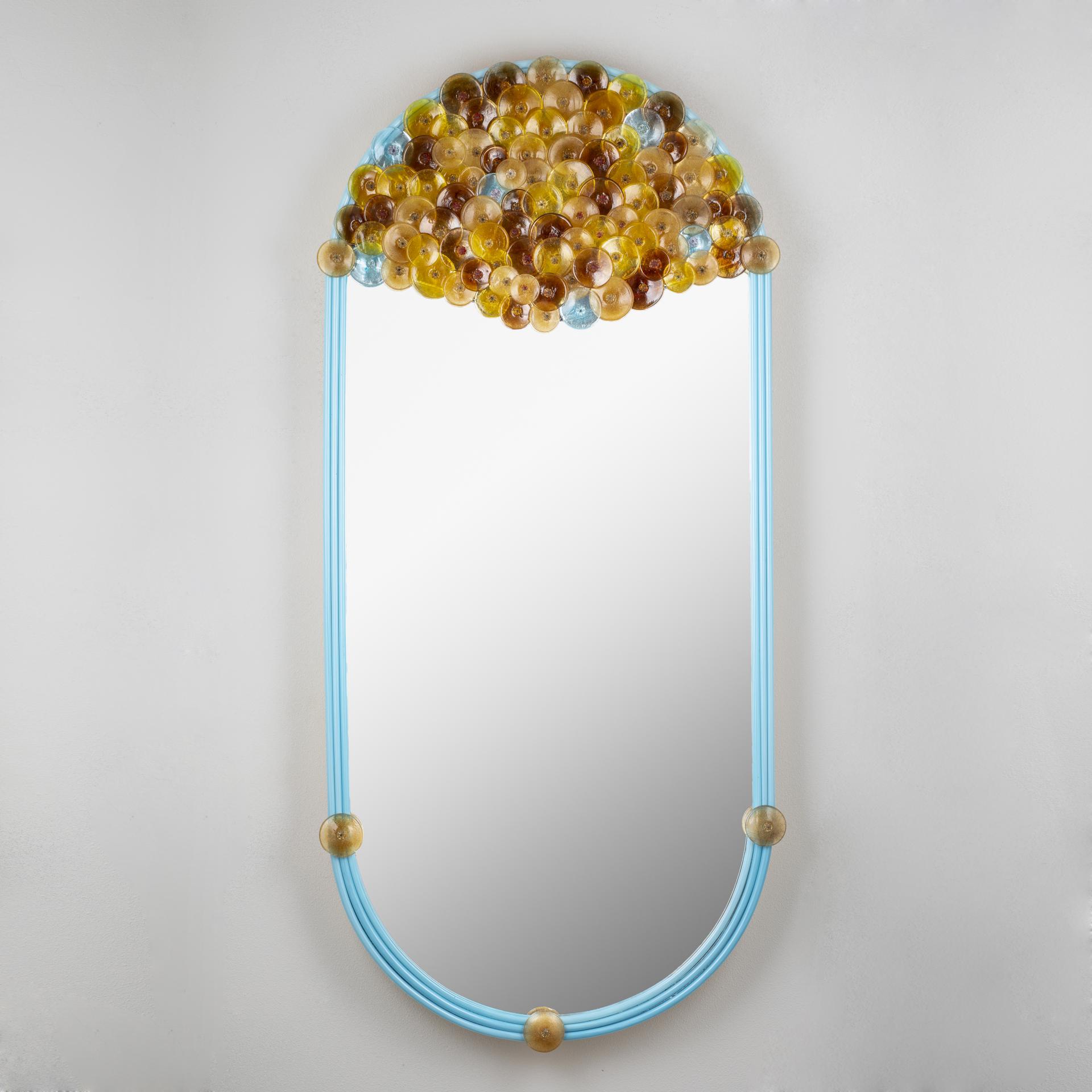 Unique decorative mirror with colorful glass beads, featured in Crossovers by Adorno at London Design Fair.