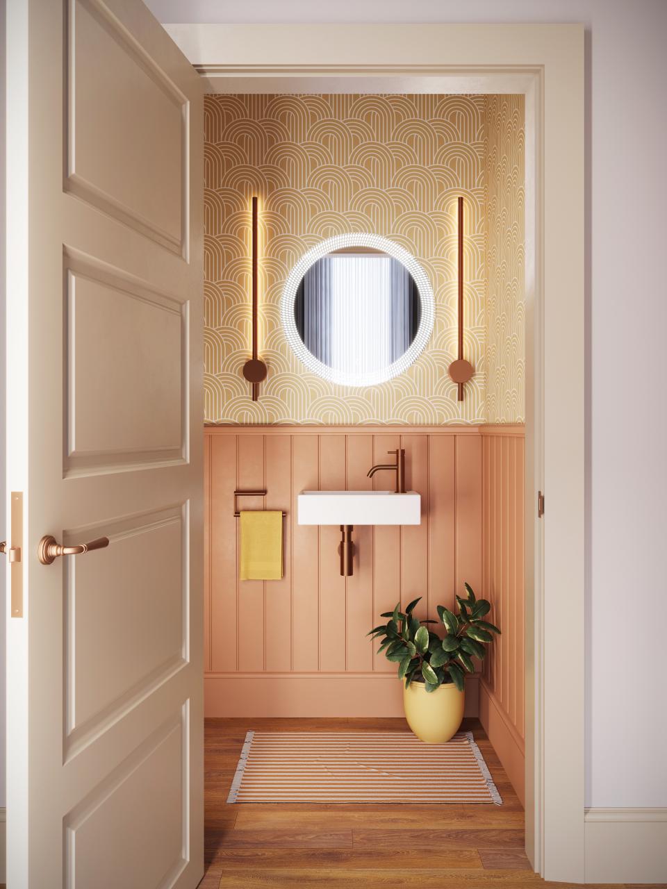 Modern bathroom featuring Crosswater's Tranquil Lights collection, showcasing stylish brassware, wall sconces, and contemporary decor.