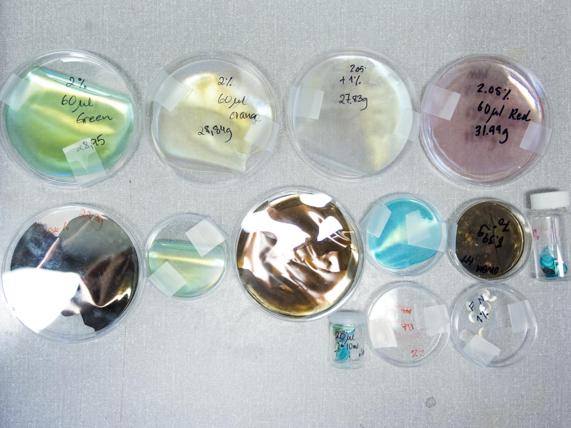 Colorful bio iridescent sequins in petri dishes showcasing experimental designs made from sustainable materials.