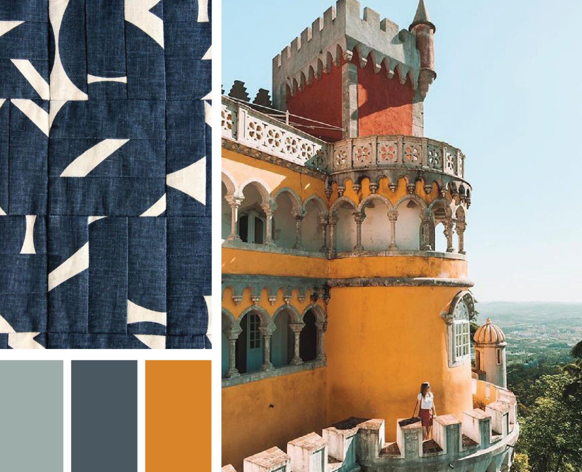 Bold patterns and vibrant colors in modernist design, featuring a woman at an ornate castle in the background.