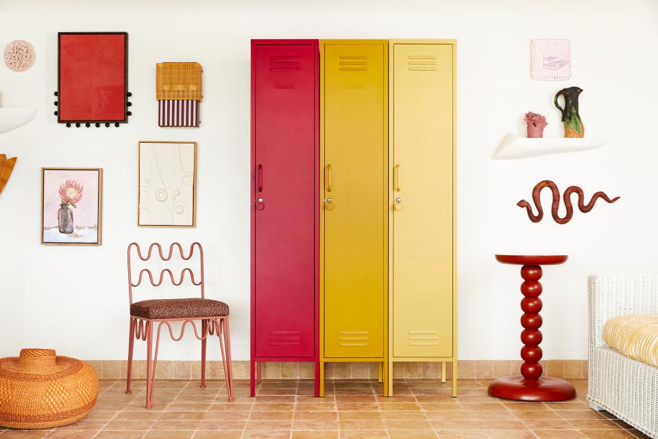 Colorful Mustard Made lockers in Butter, red, and yellow, set against a bright, stylish interior decor.