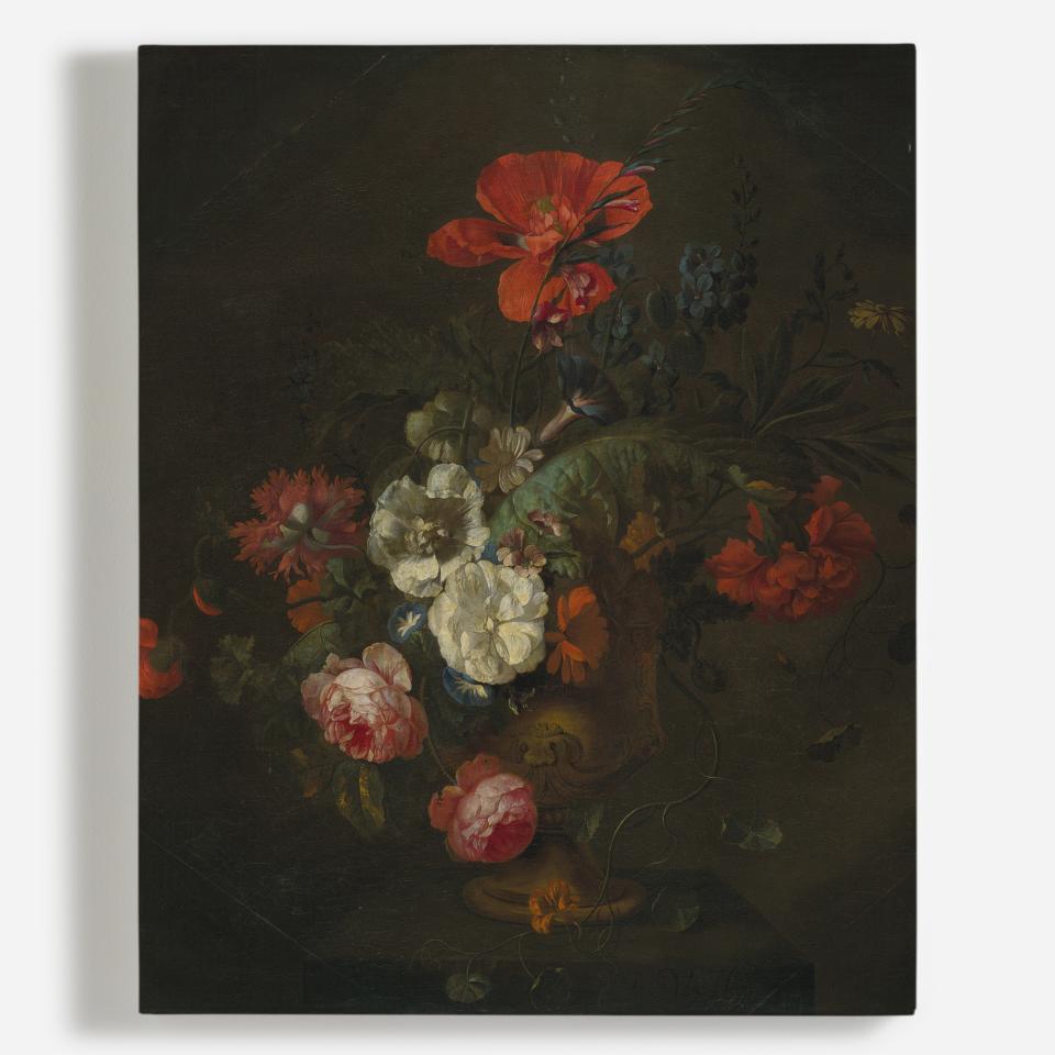 A dramatic still life featuring a vibrant arrangement of dark florals in a vintage vase, perfect for interior design inspiration.