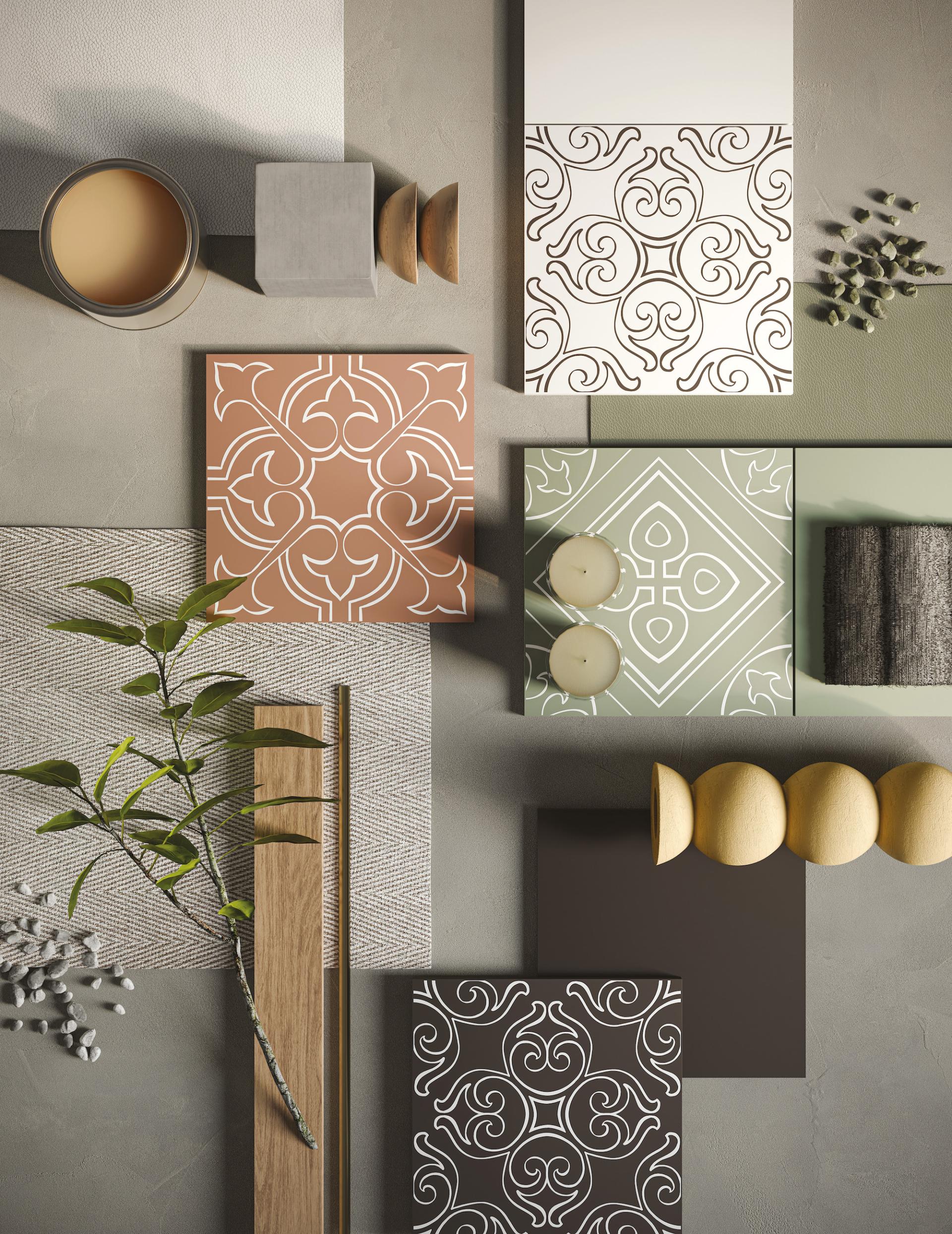 Grestec's Silence Collection showcases elegant porcelain tiles with intricate patterns and modern design elements on a textured surface.