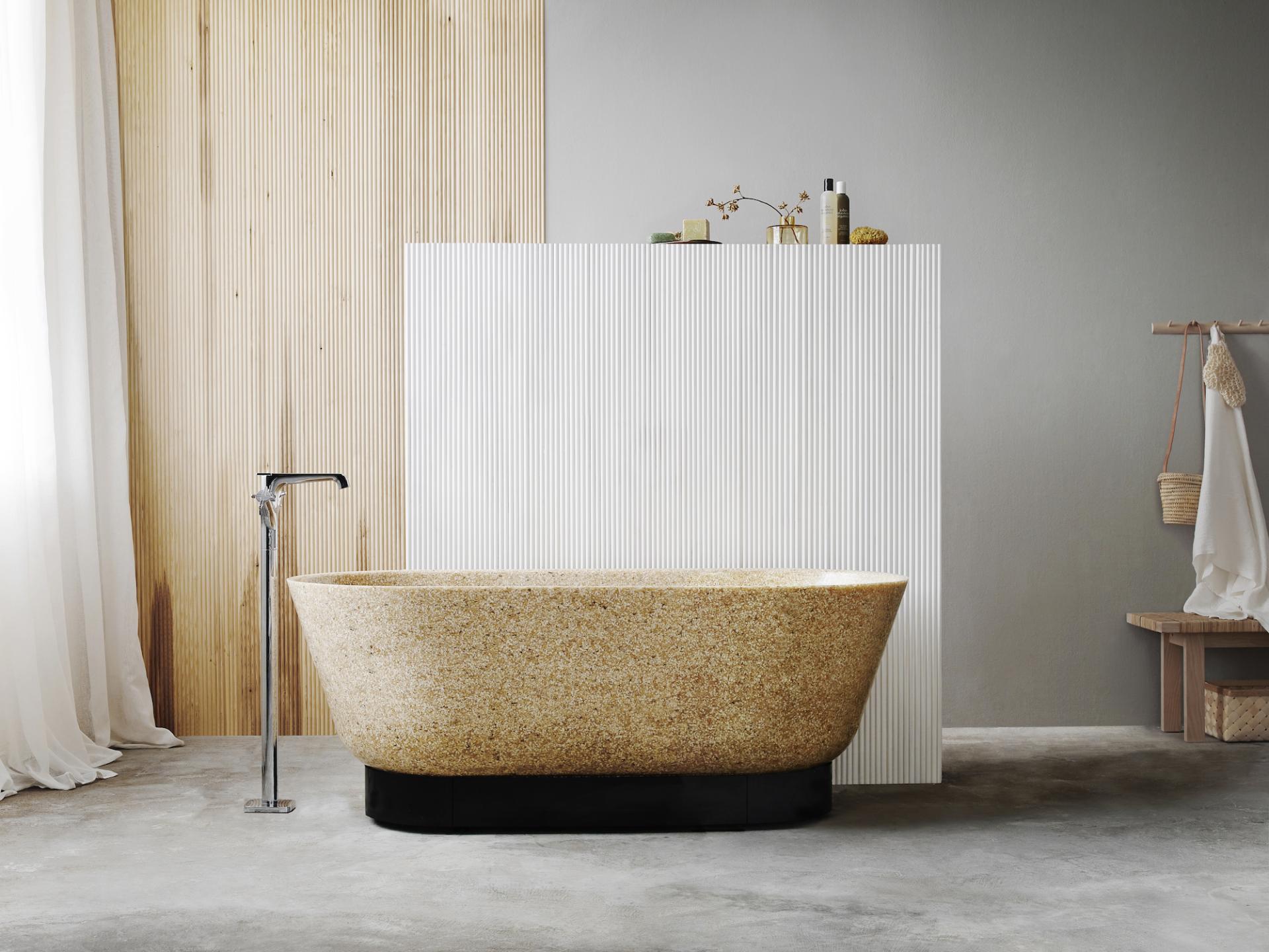 Stylish low carbon washroom featuring a 100% waterproof wood composite bathtub and modern design elements.