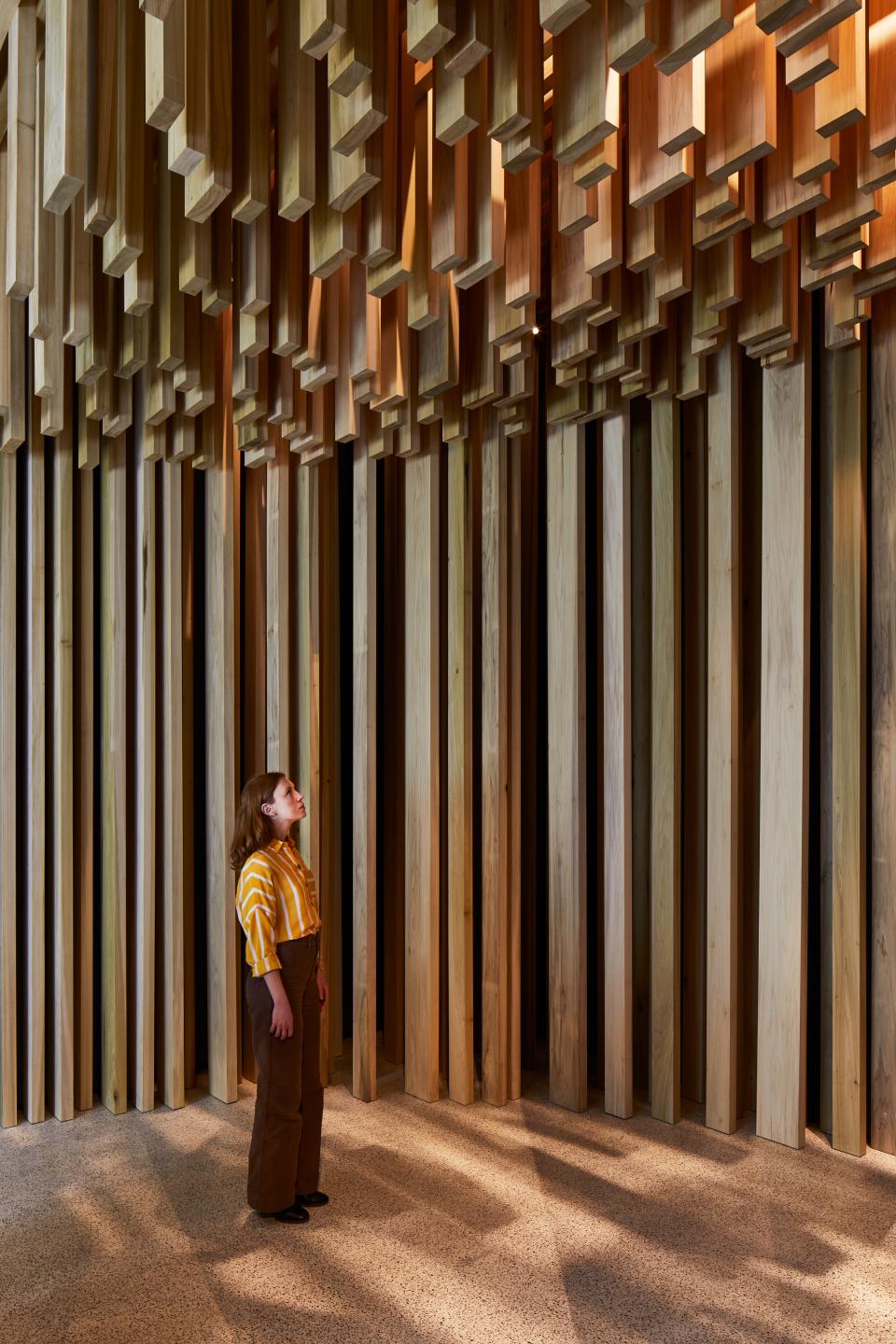 Visitor gazes upward at the intricate wooden structures of the American Tulipwood Pavilion designed by David Adjaye.