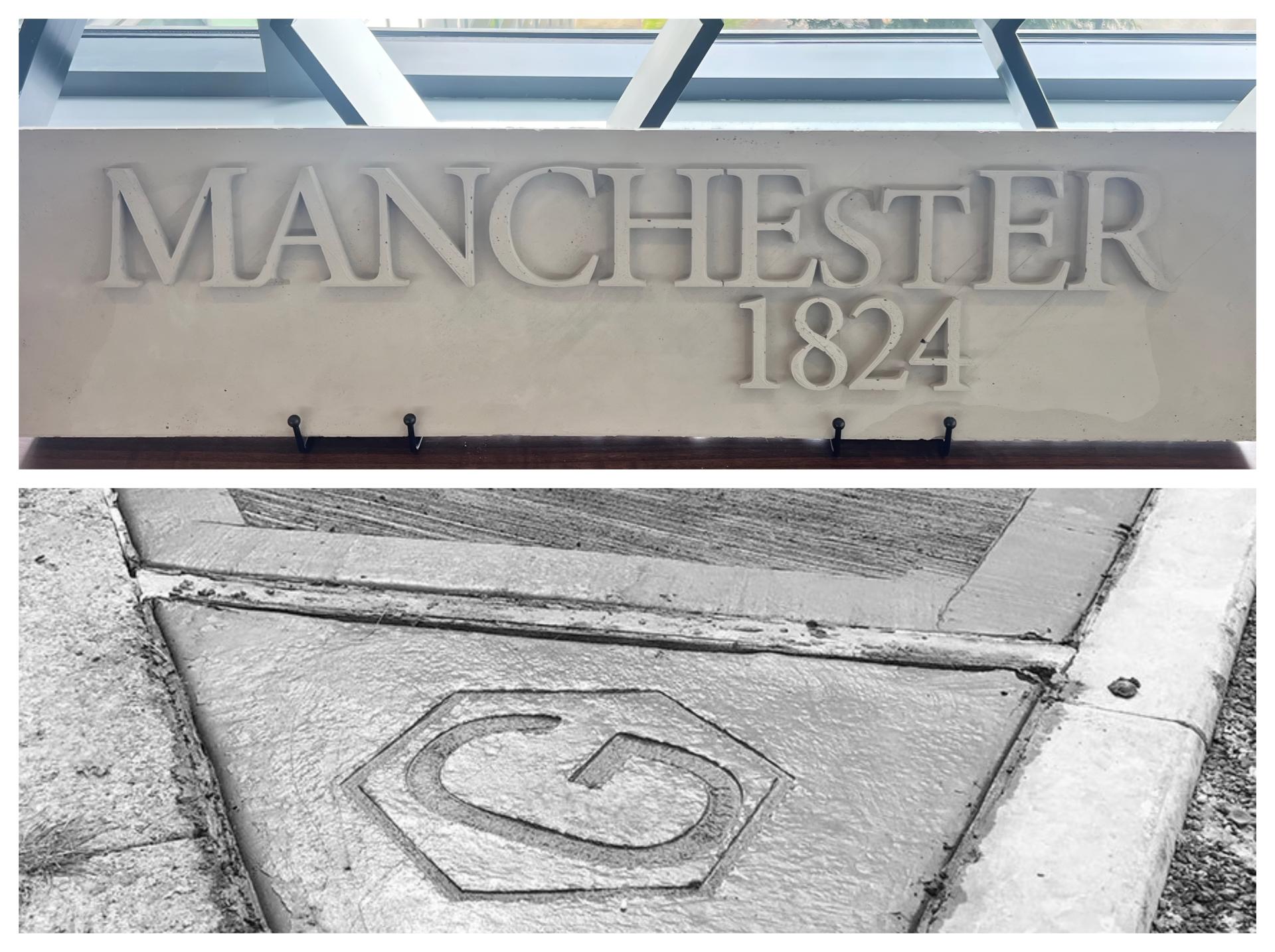 Historic Manchester sign from 1824 with a decorative 'G' imprint on a pavement, highlighting urban architecture and design.