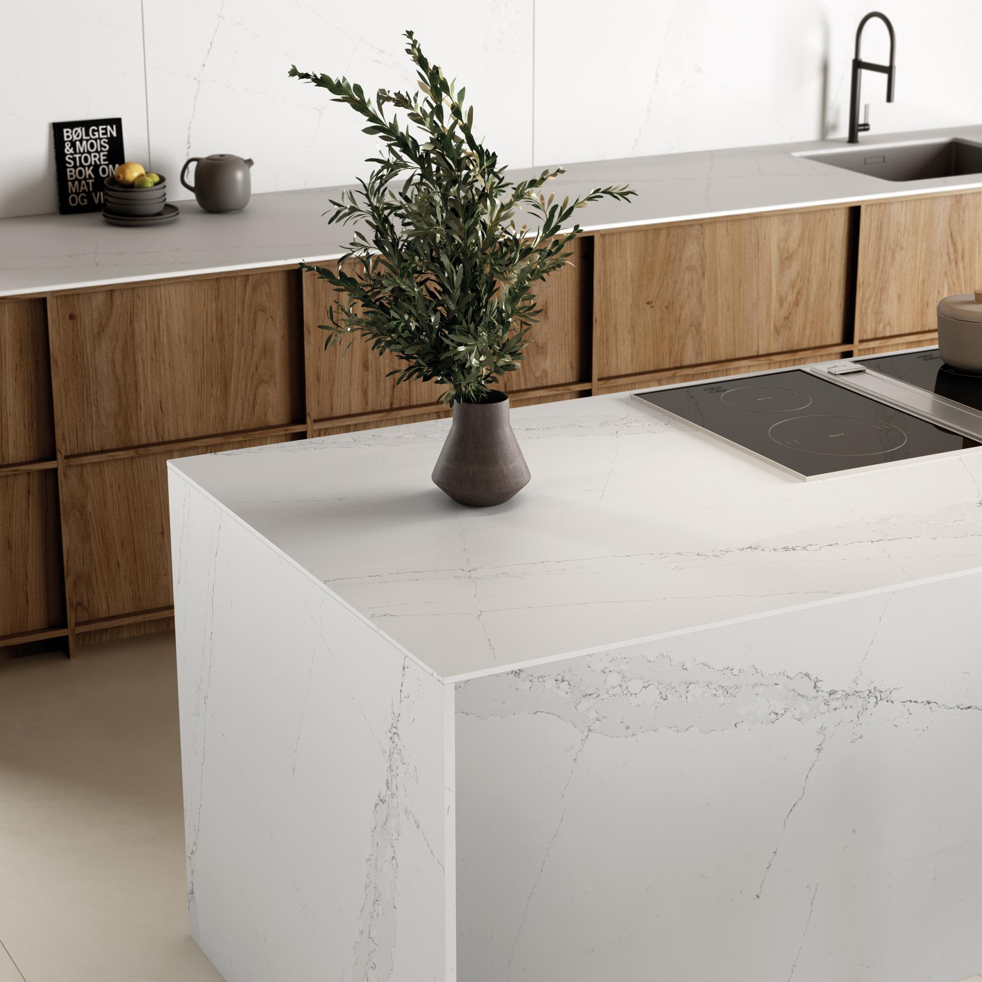 Contemporary kitchen featuring a Silestone® Ethereal countertop with marble-like design, wooden cabinetry, and a decorative plant.