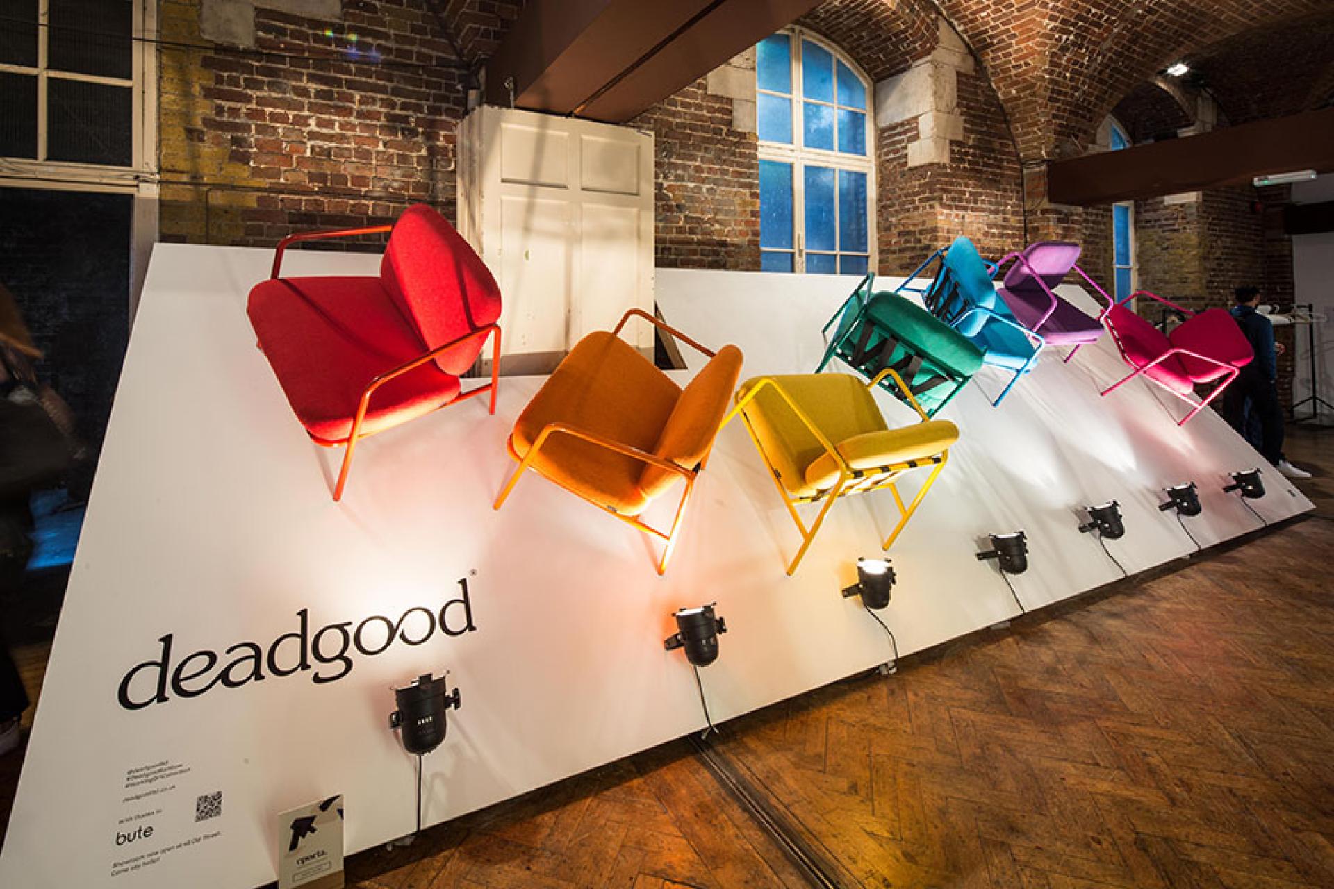 Colorful designer chairs displayed at Clerkenwell Design Week, showcasing innovative furniture design for the event's anniversary.