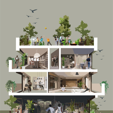 Modern co-living space design showcasing communal activities, private areas, and sustainable features for collaborative living.