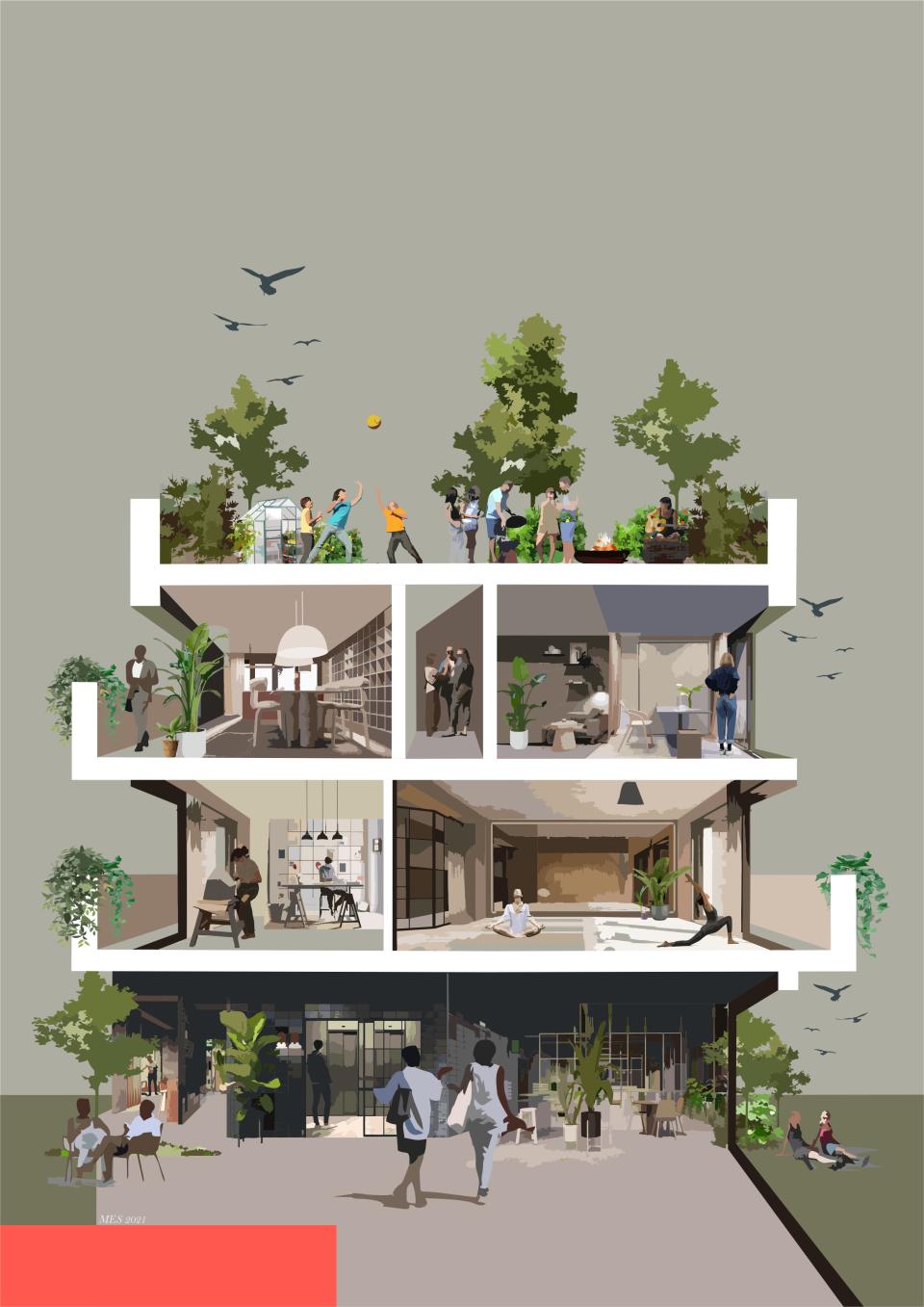 Modern co-living space design showcasing communal activities, private areas, and sustainable features for collaborative living.