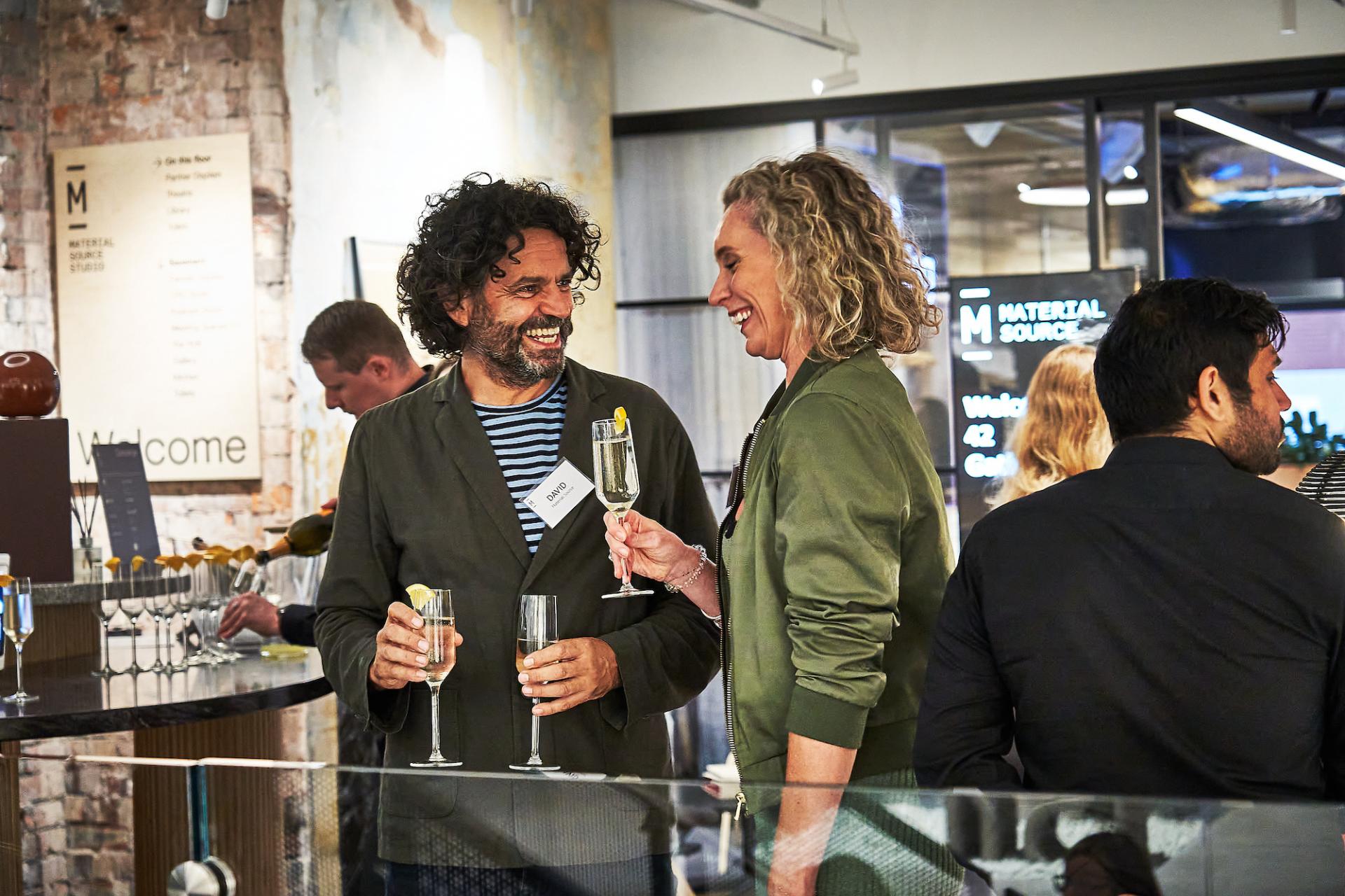 Guests enjoying drinks and engaging in conversation during the 42 Gathering event celebrating the podcast 42 Roles in the Built Environment.