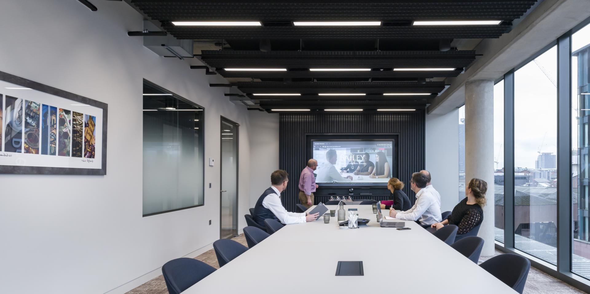 Modern conference room at Riverside House featuring professionals engaging with a presentation, showcasing innovative workplace design by SpaceInvader.