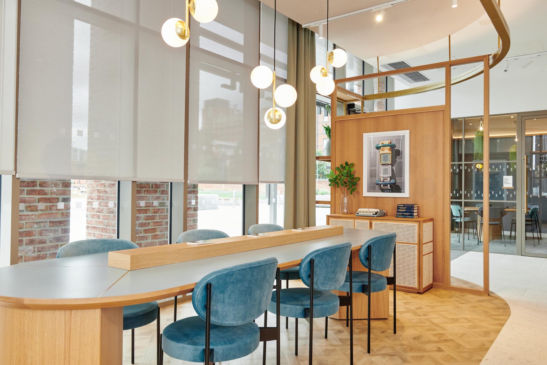 Modern communal lounge with stylish seating and decorative elements in The Headline, Leeds residential development by Grainger.