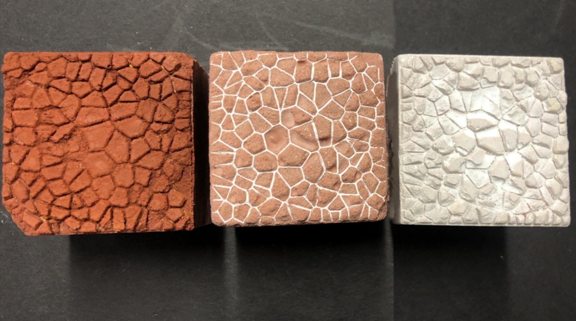 Three textured biomaterial samples in earthy tones, showcasing innovative low-carbon product designs for sustainable construction.