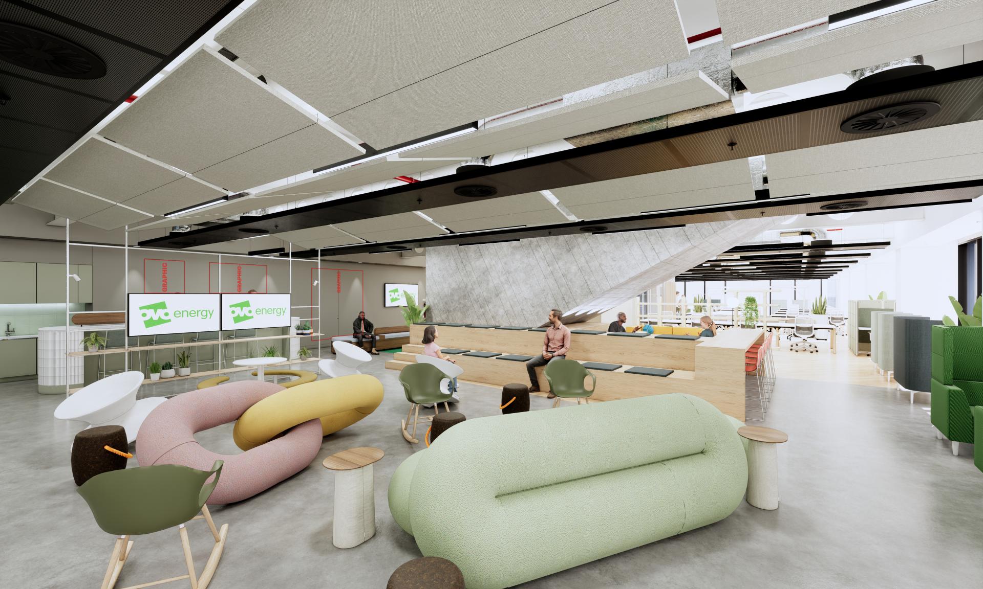 Innovative workspace design at Michael Laird Architects' Manchester office featuring collaborative seating and natural light elements.