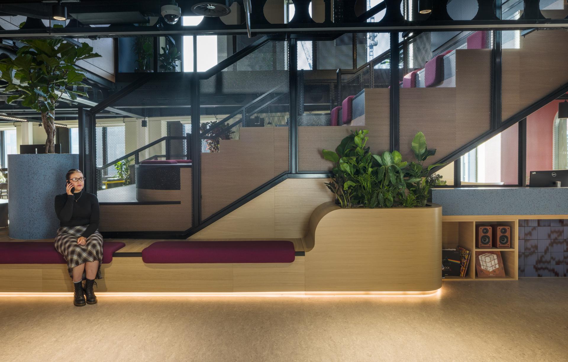 SpaceInvader's workplace scheme for Virgin Media O2 balances vibrancy with variety to support congregation and calm.