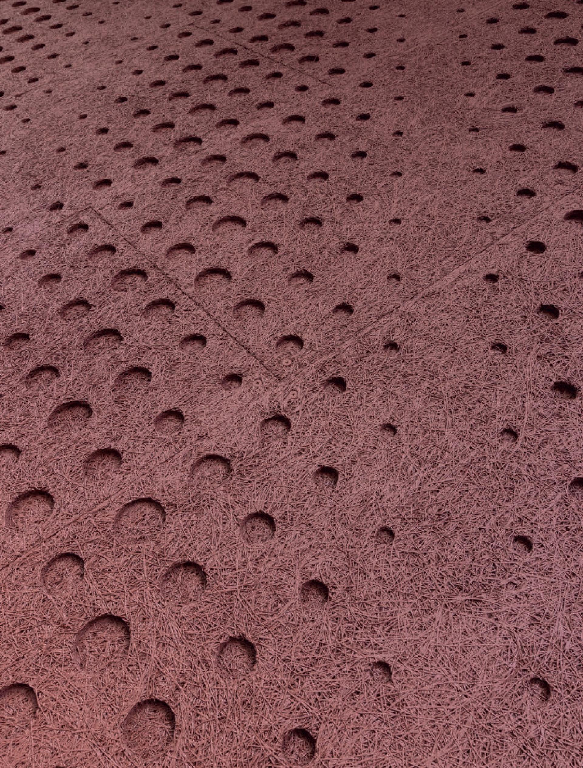 Textured Troldtekt wood wool acoustic panels with circular perforations, designed to enhance interior sound quality in spaces.