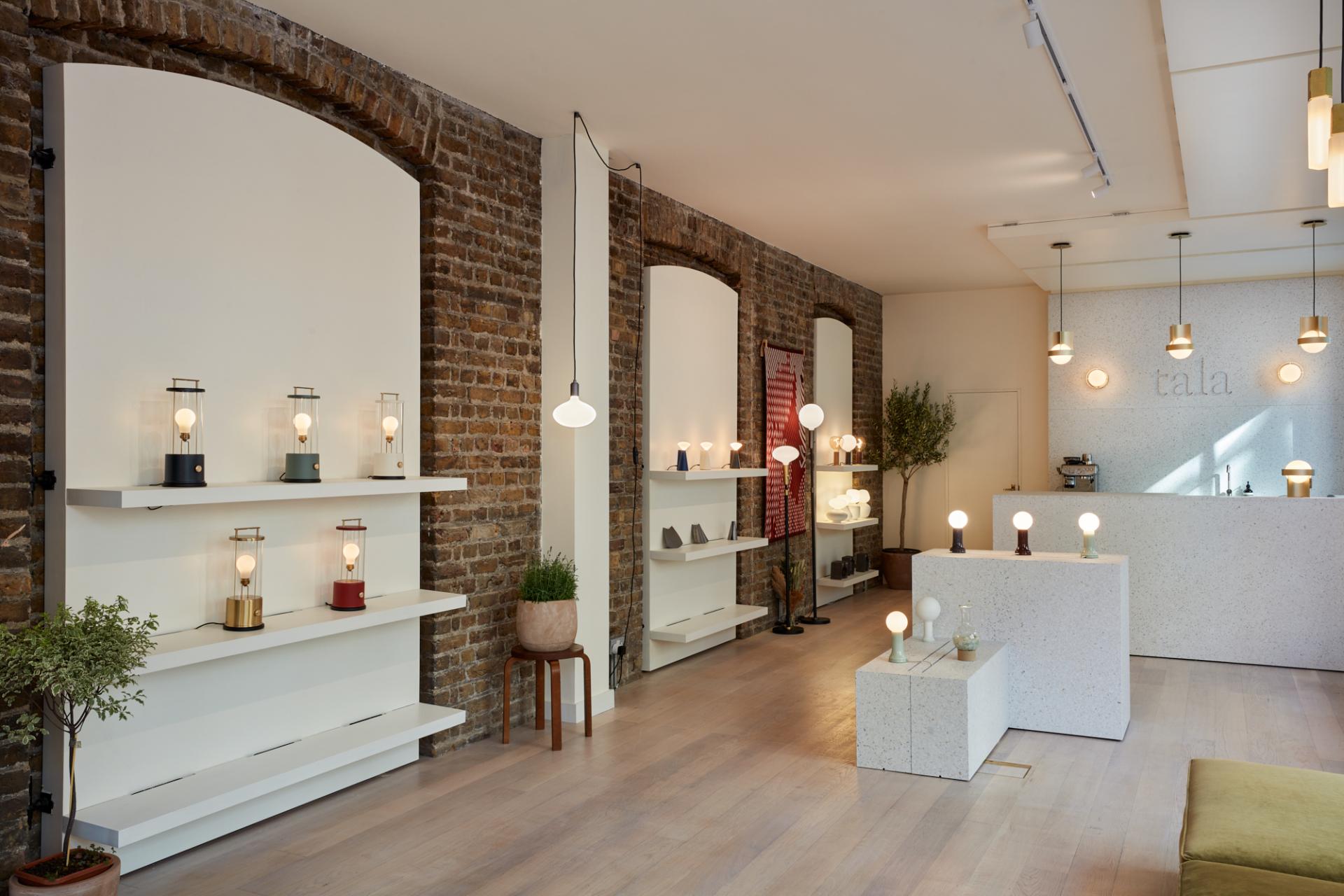 Modern Shoreditch showroom for Tala featuring innovative sustainable lighting designs and architectural elements by Thomas Longley.