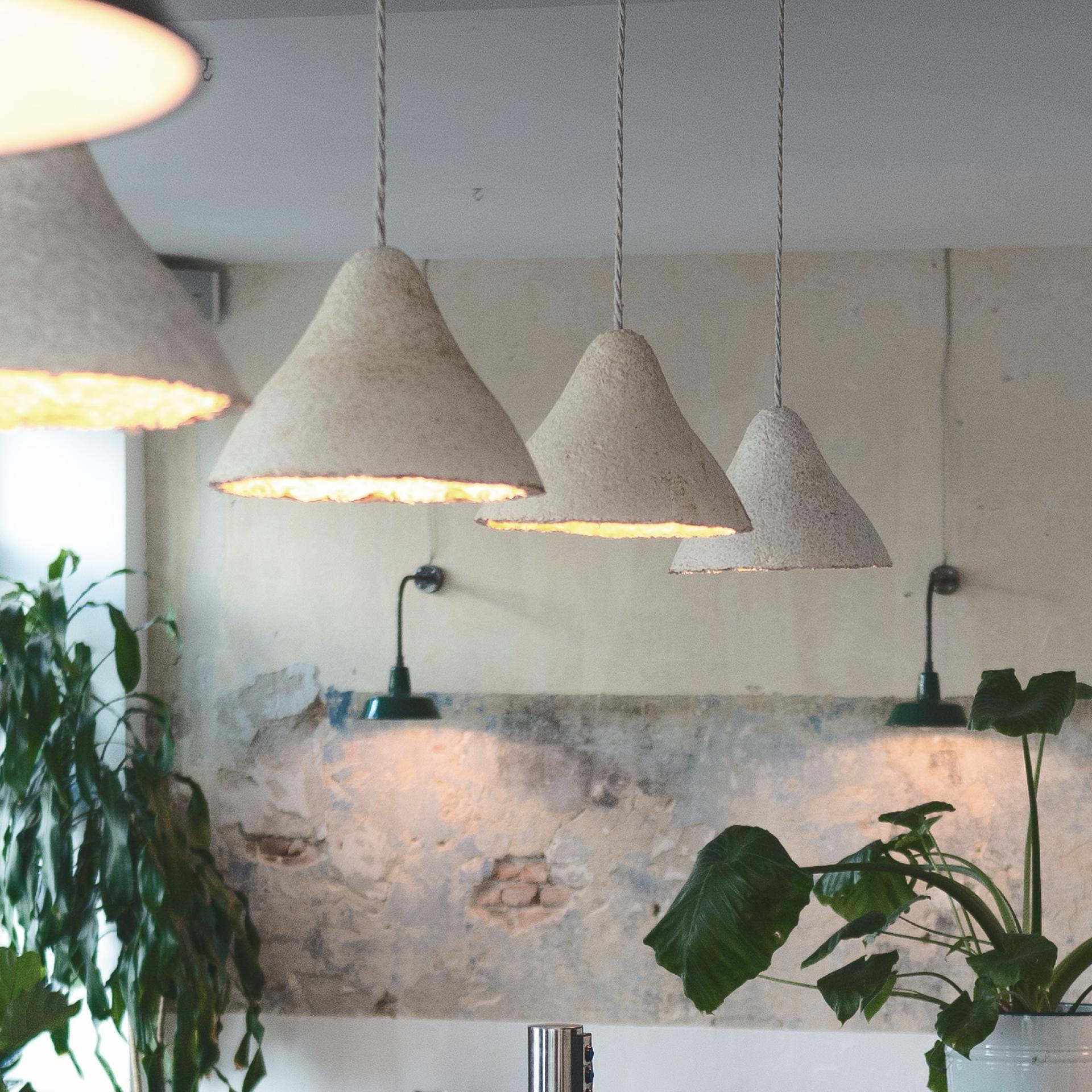 Sustainable pendant lights made from biomaterials hang in a stylish interior with green plants and exposed brick walls.