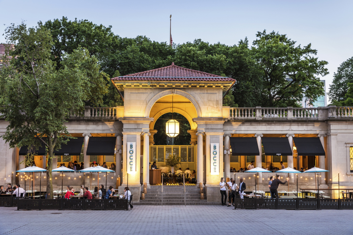 Modern Bocce restaurant design by Gachot Studios, featuring outdoor seating in Union Square's historic pavilion.