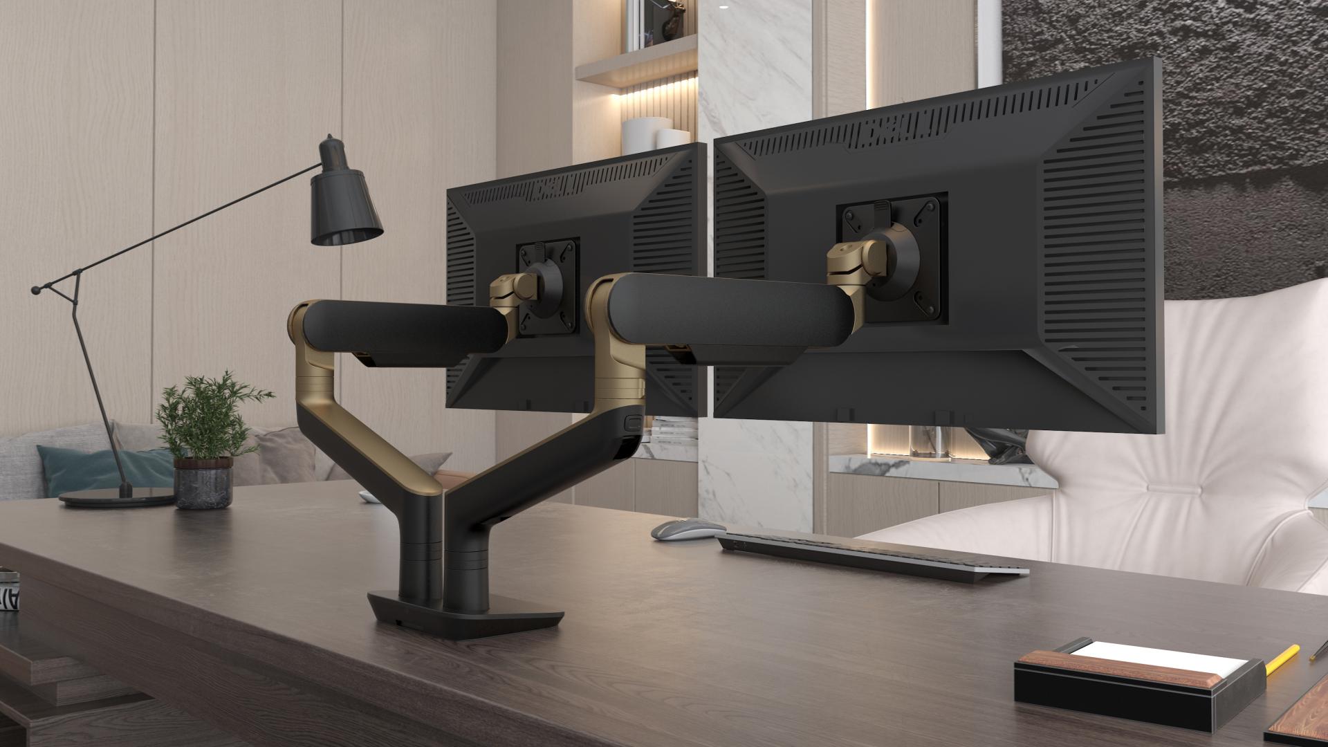 Workspace featuring modern dual monitor setup, stylish desk lamp, and sustainable design elements for a future-focused office.