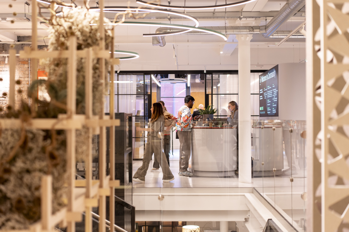 Celebrating creativity at Material Source Studio, Manchester, with guests interacting and collaborating in a modern workspace.