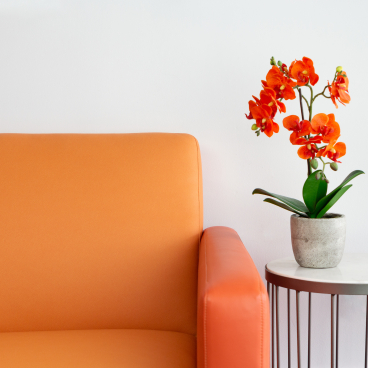 Bright orange Ultraleather® couch beside a modern table with an orange floral arrangement, showcasing stylish interior design.
