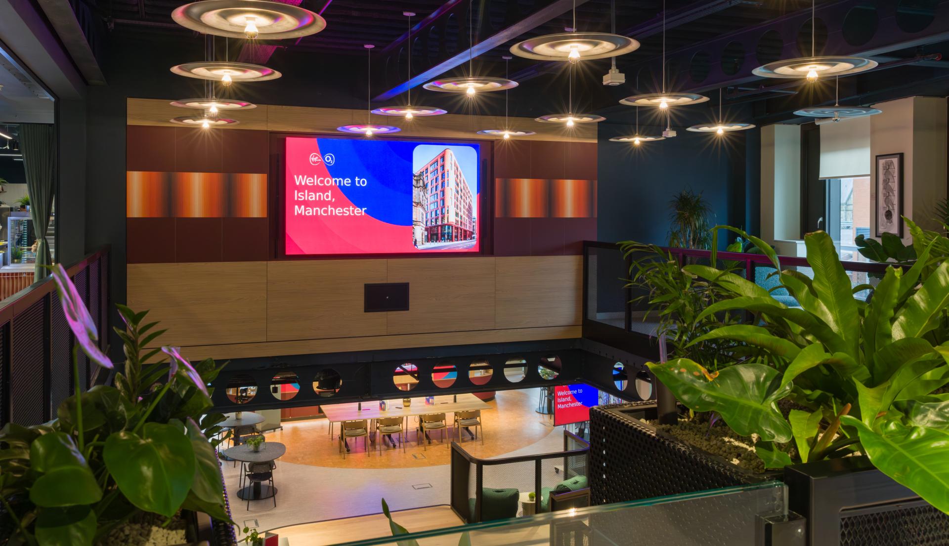 SpaceInvader's workplace scheme for Virgin Media O2 balances vibrancy with variety to support congregation and calm.