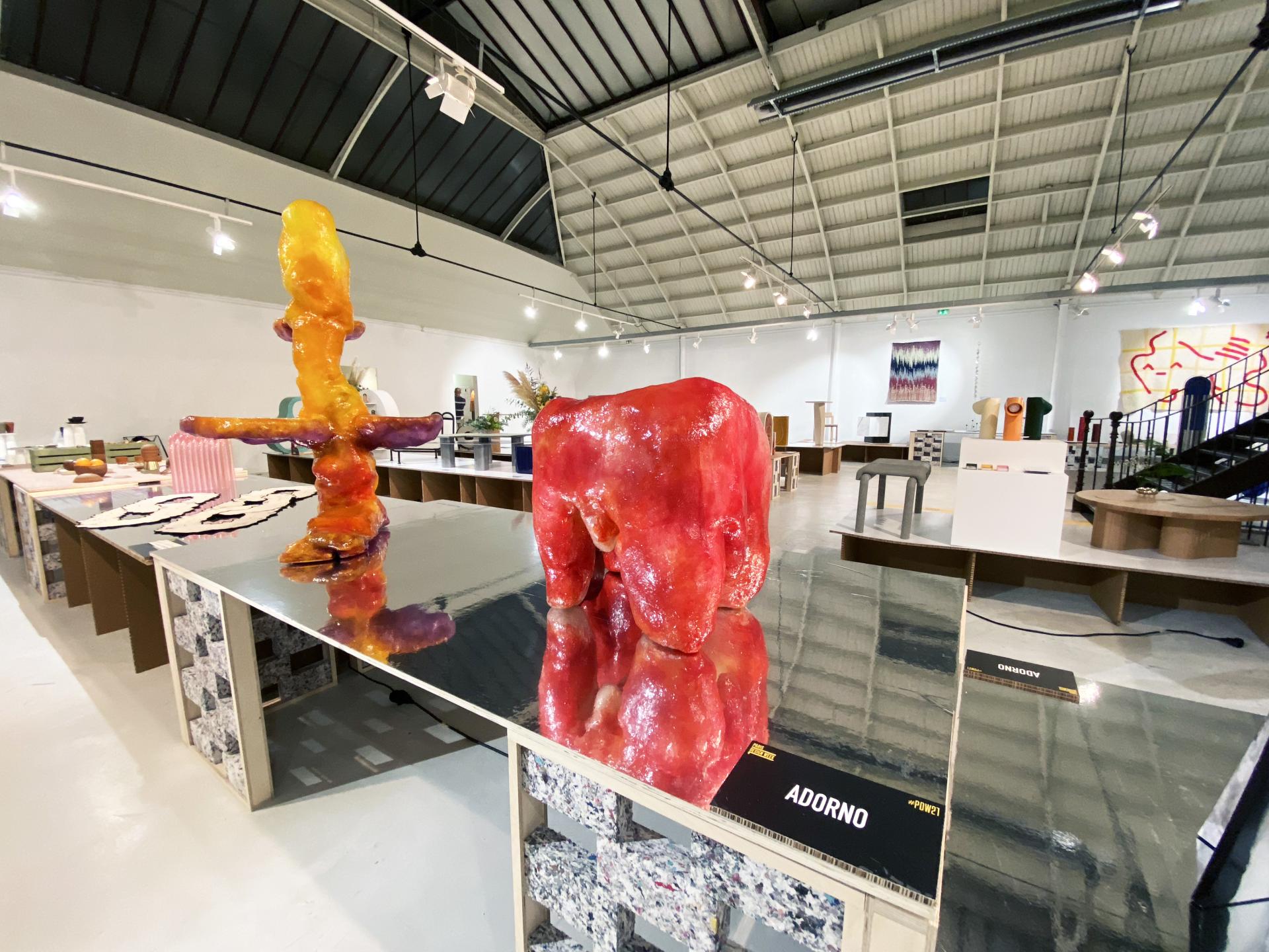 Colorful sculptural designs featured in the "Matérialité" collection by Adorno at Paris Design Week.