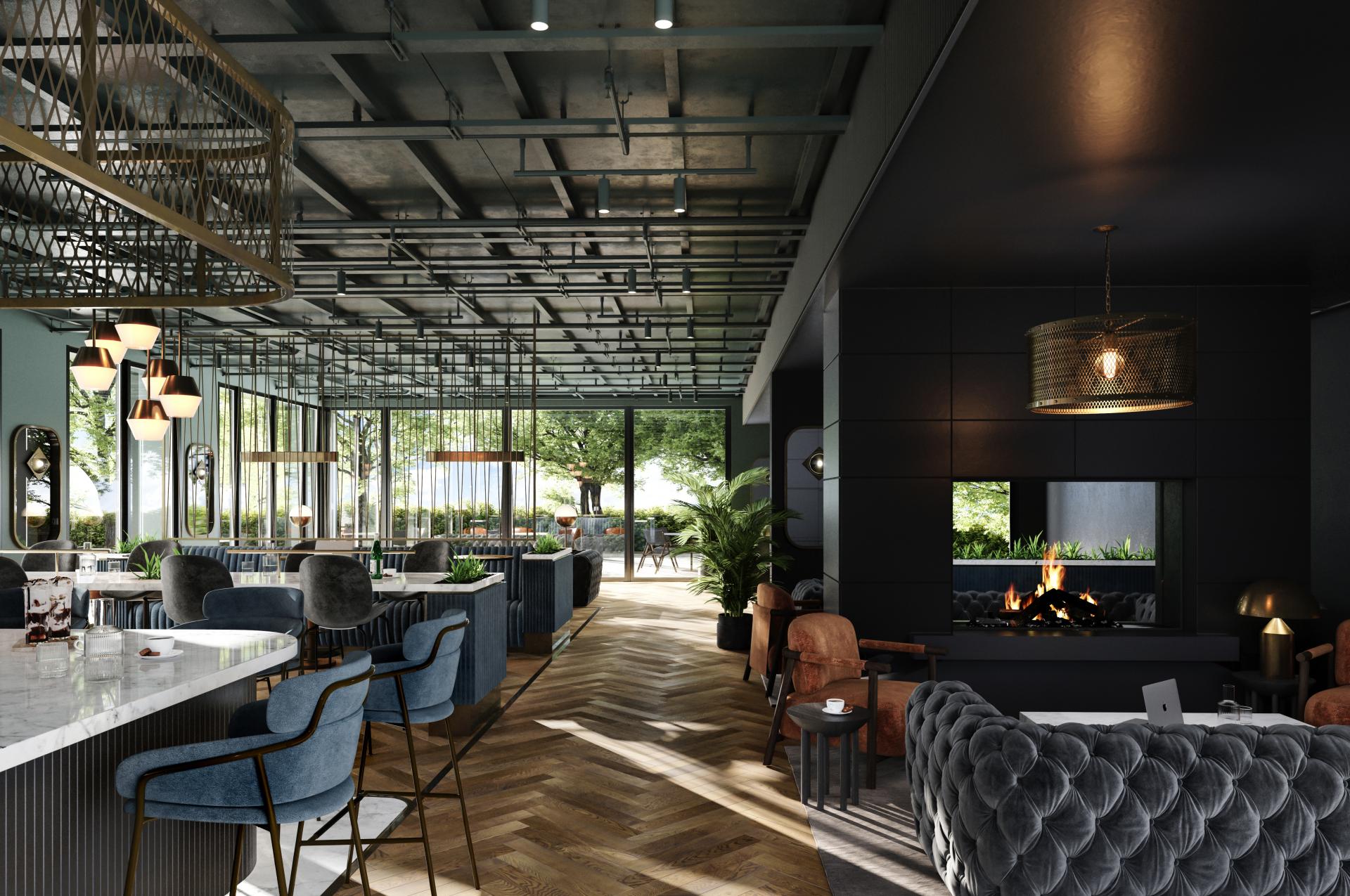 Modern interior design of a spacious Manchester café featuring comfortable seating, greenery, and large windows for natural light.