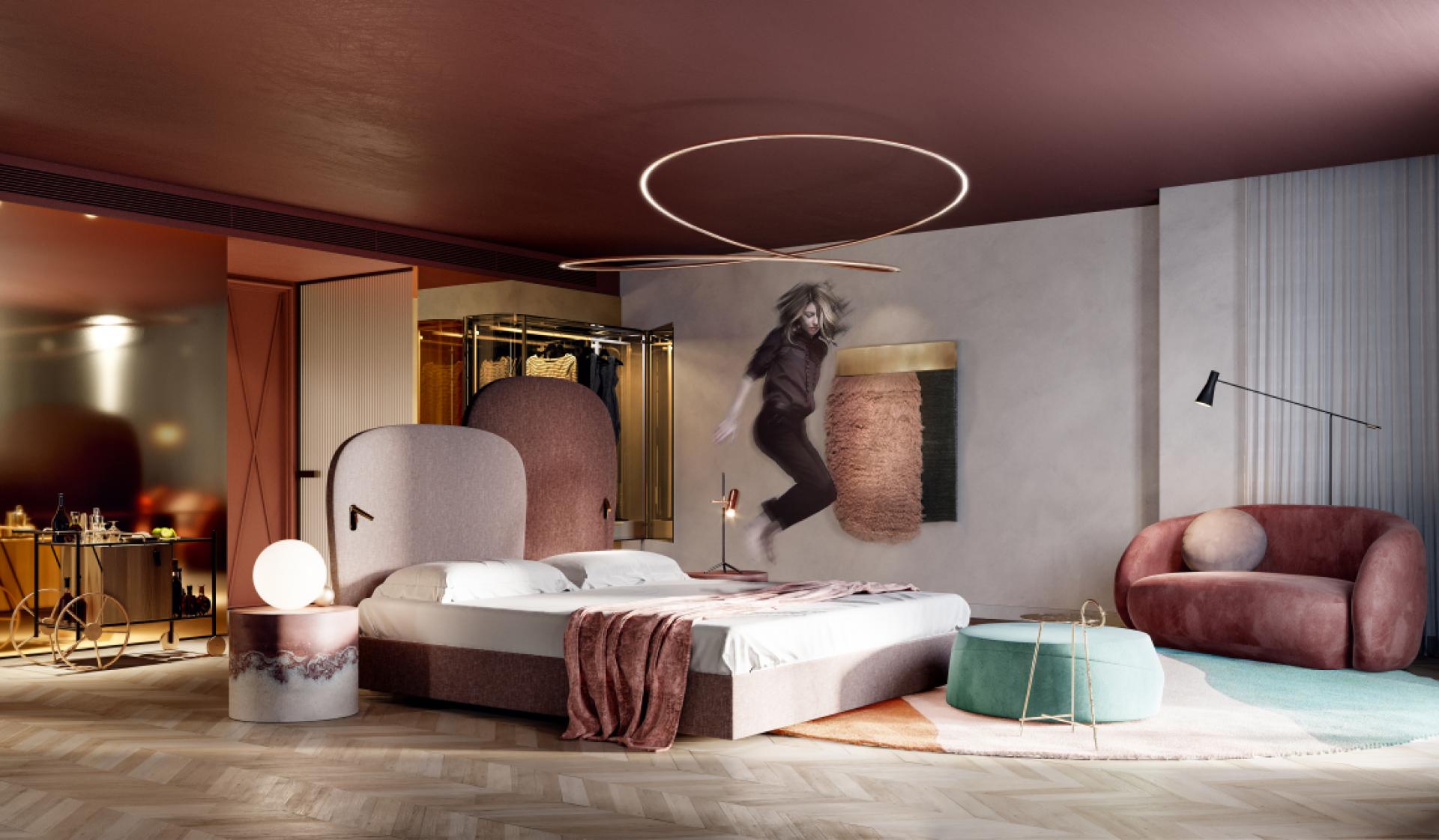 Stylish bedroom interior designed by Roar, featuring modern furnishings, artistic decor, and unique color palette.