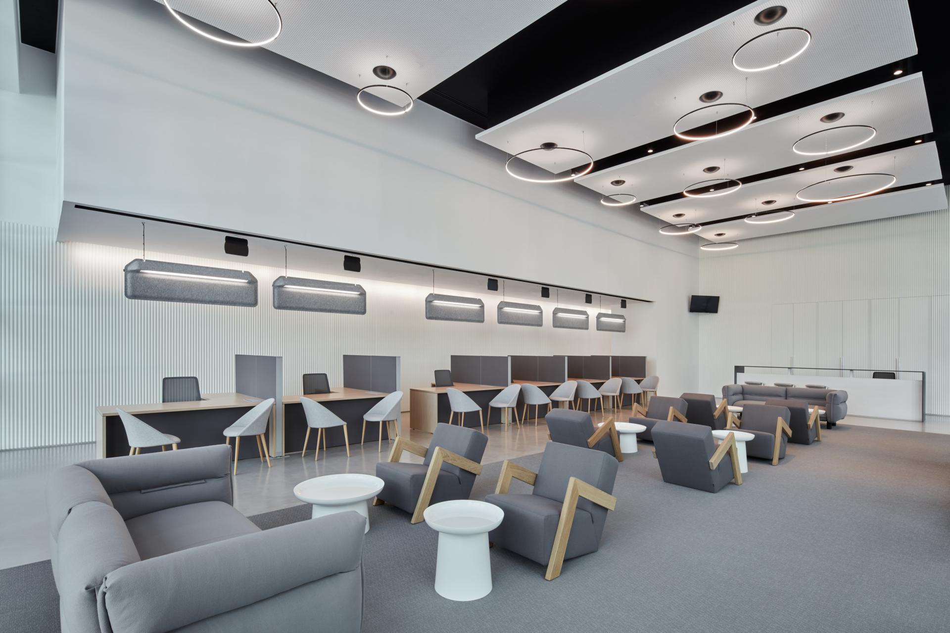 Modern interior design of the Research Technology and Innovation Park at American University of Sharjah, featuring stylish seating and lighting.