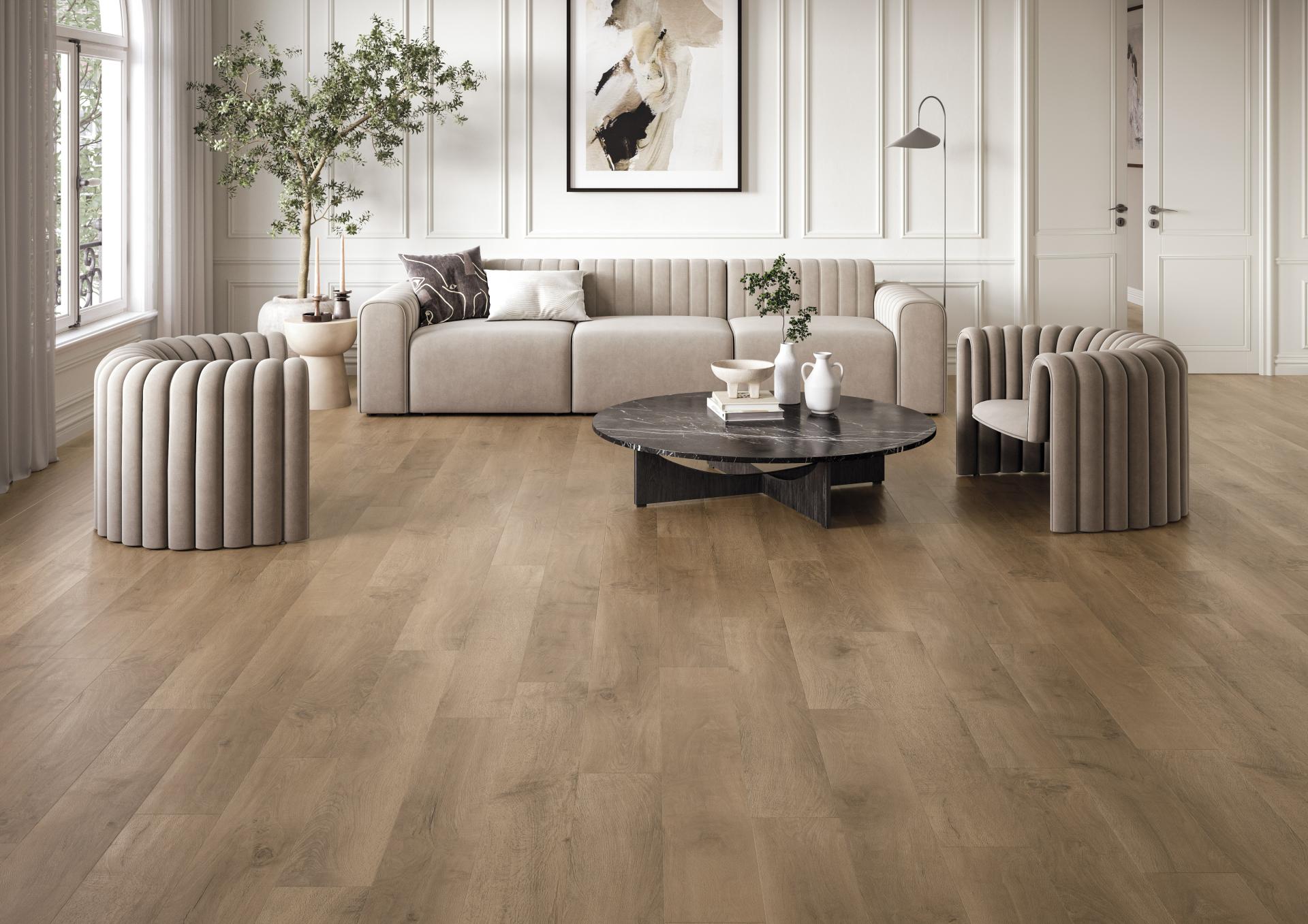 Modern living room featuring sustainable wooden flooring, contemporary furniture, and decorative plants for a stylish atmosphere.