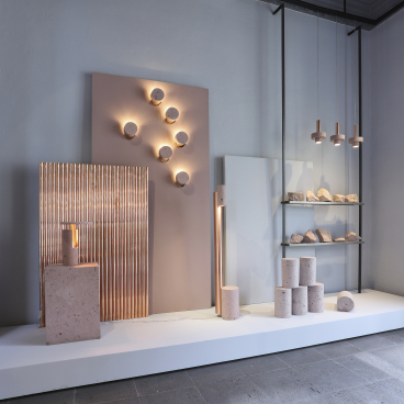 Showroom display featuring local materials and modern lighting designed by Davidpompa in Mexico City.