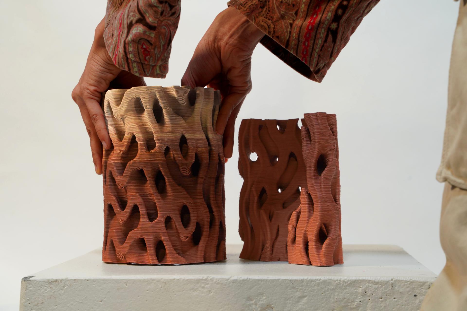 Rameshwari Jonnalagadda demonstrates TerraMound, a 3D printed clay structure designed for improved building cooling efficiency.