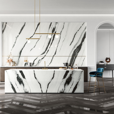Contemporary kitchen with striking marble countertops and geometric design elements, showcasing 2019 CERSAIE interior design trends.