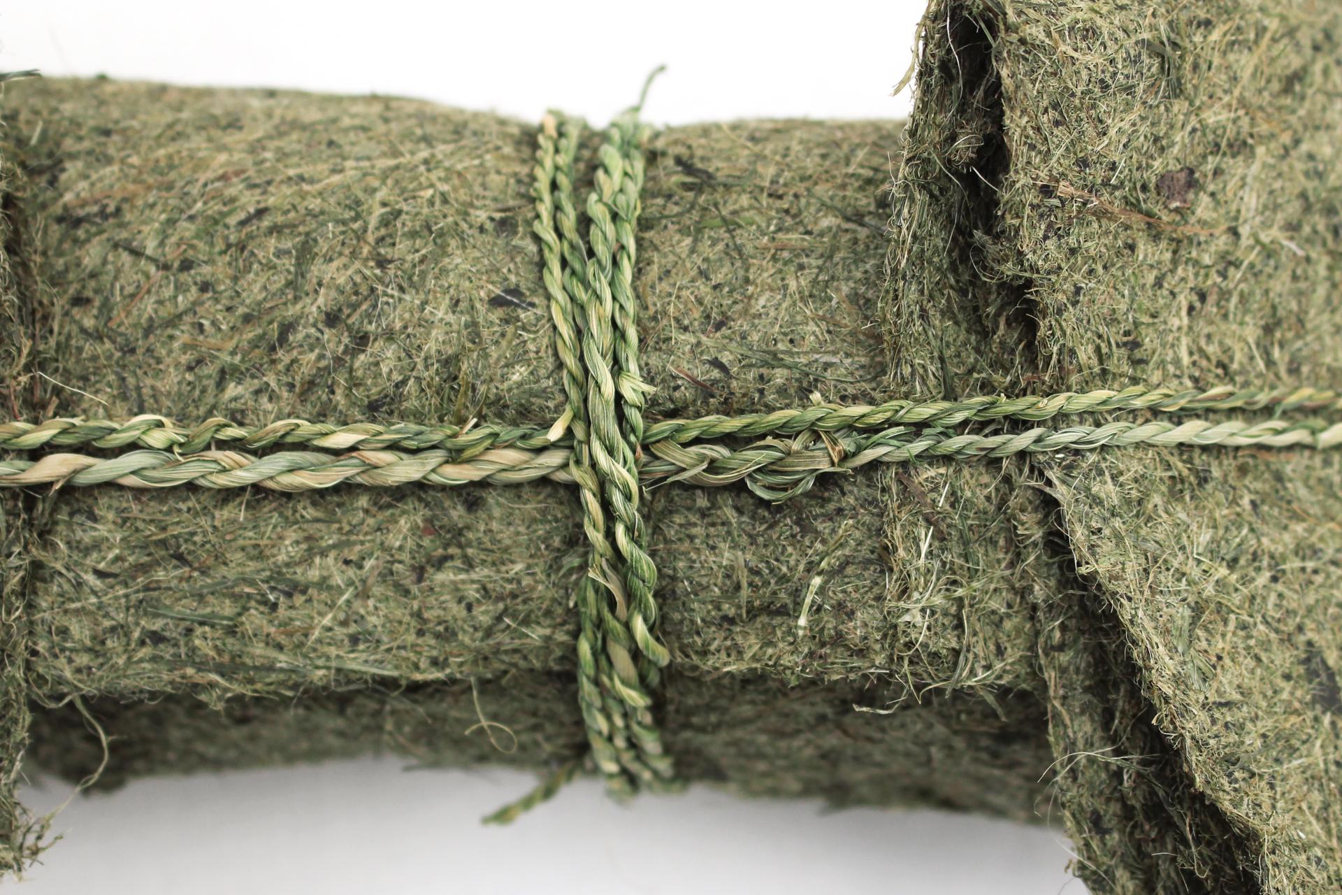 Braided green grass materials creatively bound together, exemplifying sustainable design in biomaterials by artist-designer Hannah Elisabeth Jones.