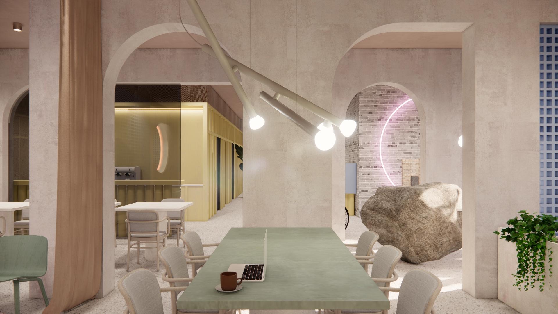 Stylish interior of a co-living space by MONIKA Studio featuring modern design elements and functional work areas.