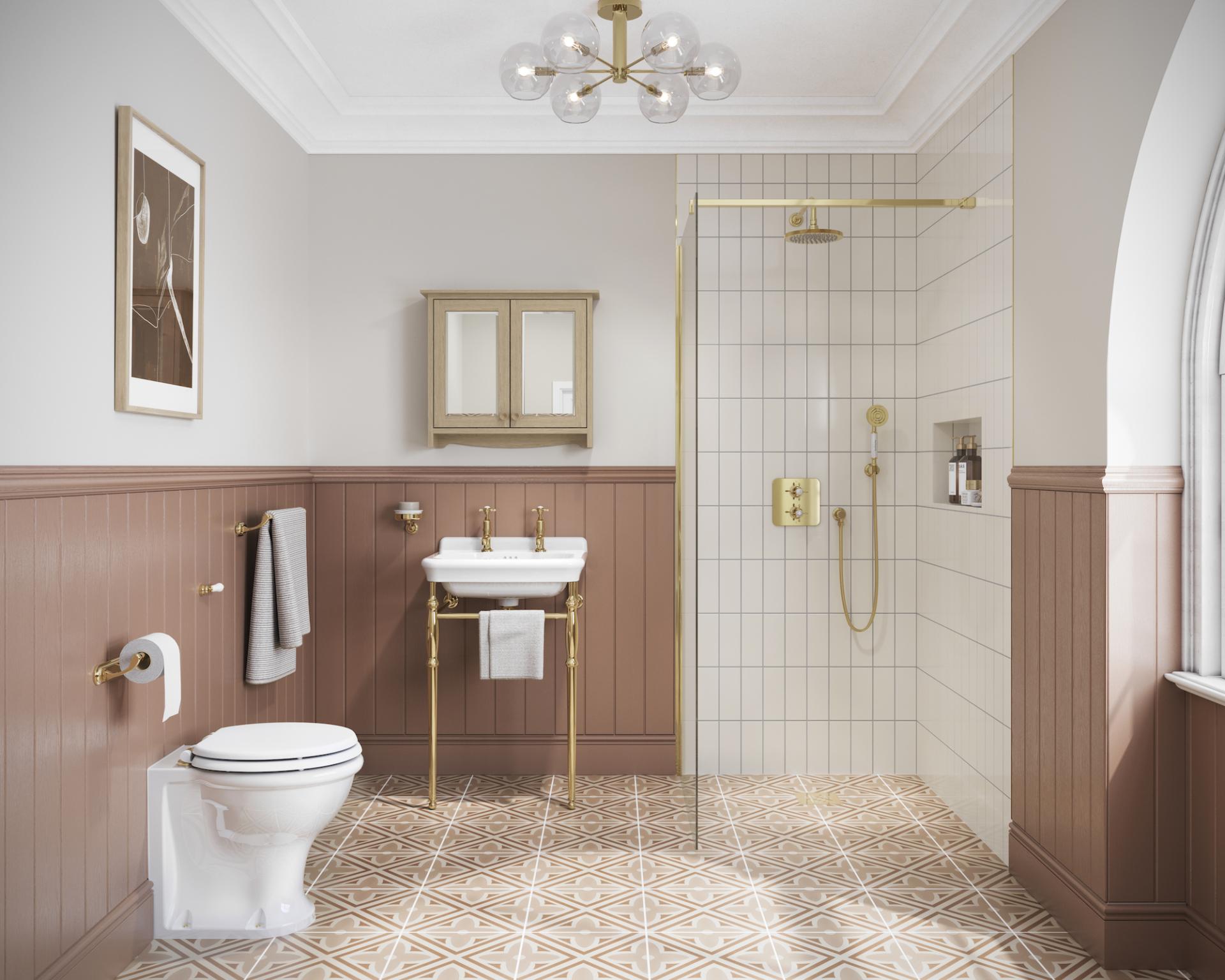 Elegant bathroom featuring Arts & Crafts-inspired design, including a vintage sink, shower, and intricate patterned tiles.