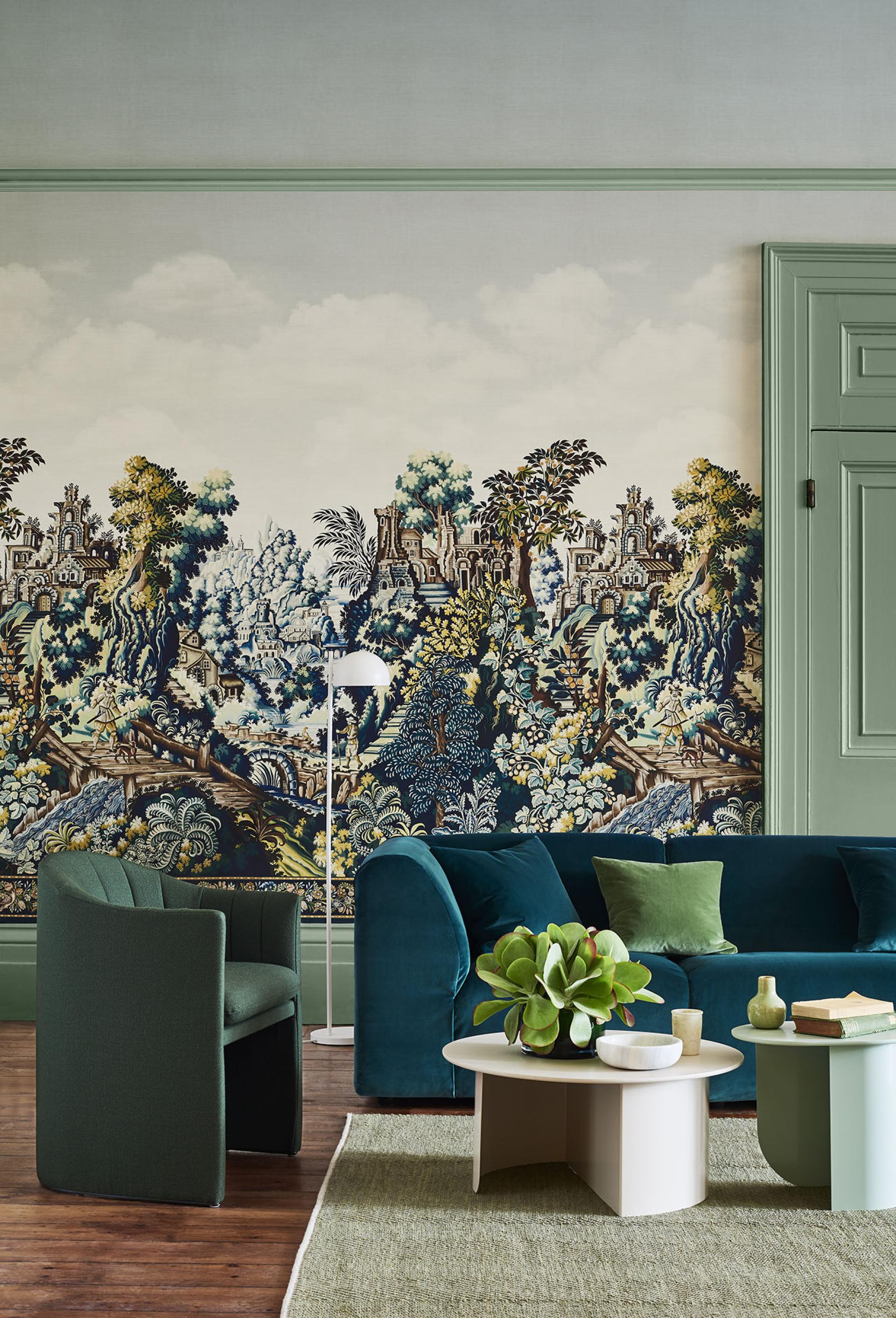 Elegant living room featuring Cole & Son's Great Masters wallpaper, plush furniture, and decorative accessories, celebrating British heritage.