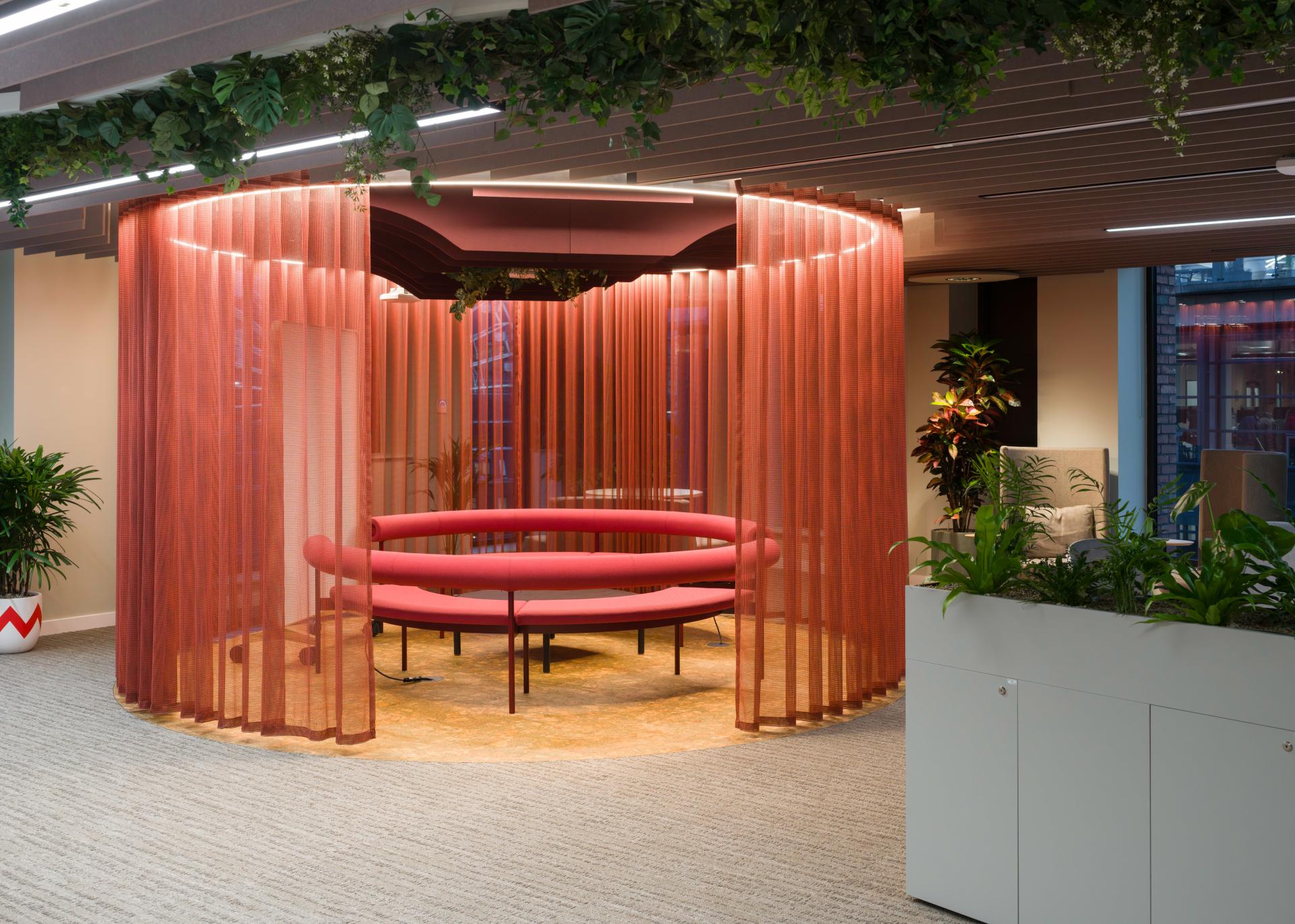 SpaceInvader's workplace scheme for Virgin Media O2 balances vibrancy with variety to support congregation and calm.