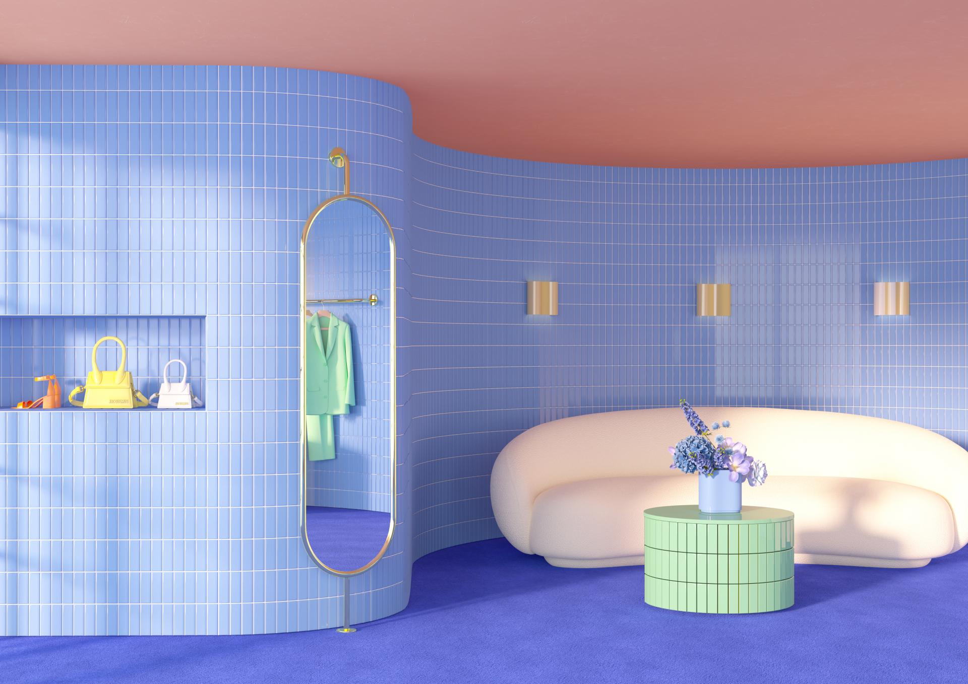 Bright blue tiled interior showcasing playful color palettes, featuring a curved sofa, decorative mirrors, and stylish accessories.
