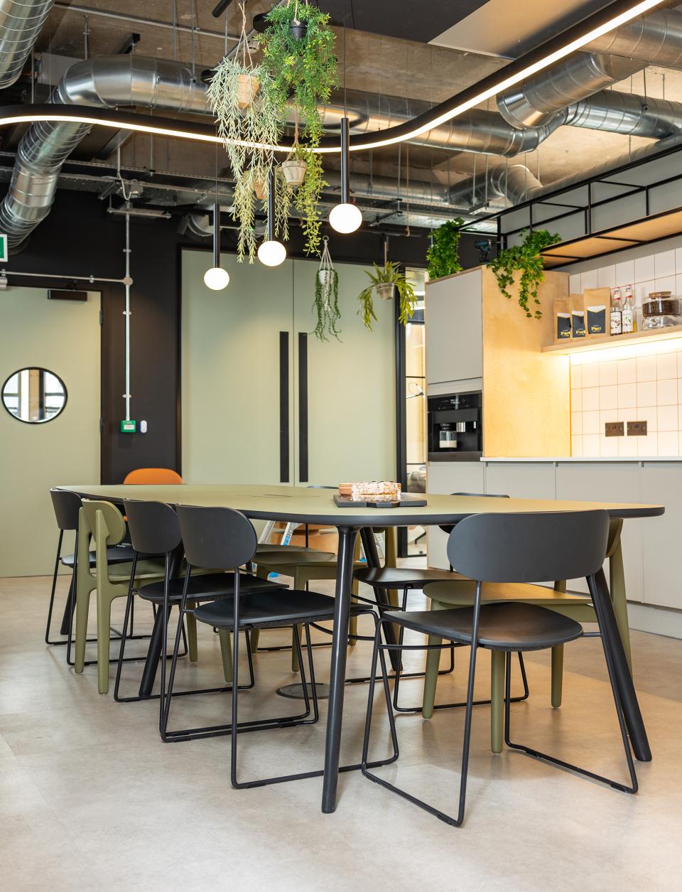 Modern office space featuring a stylish dining table, black and olive chairs, and hanging plants, reflecting the Cadena House renovation.