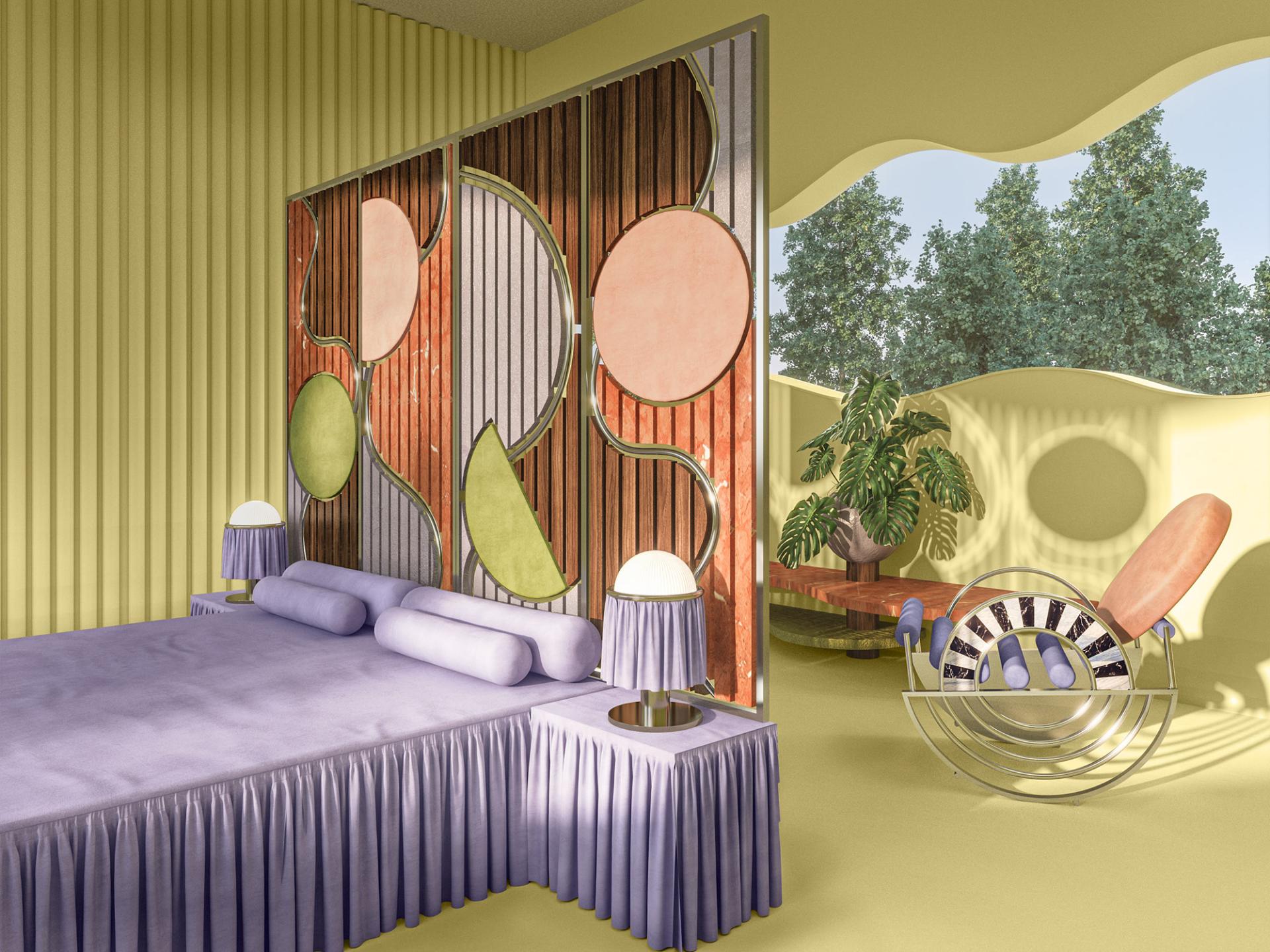 Stylish bedroom design featuring unique furniture, colorful decor elements, and a modern aesthetic by Masquespacio's Mas Creations.