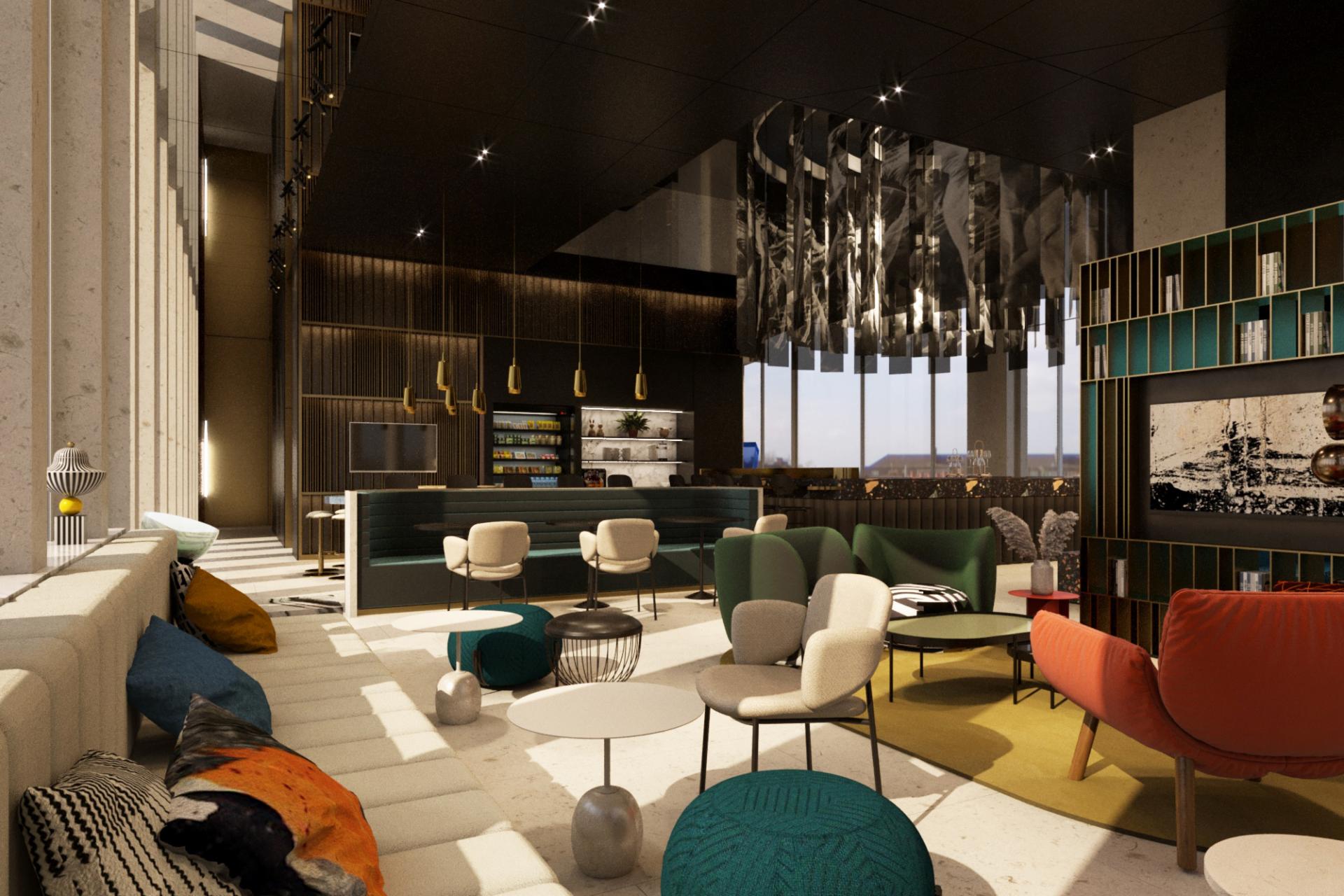 Modern hotel lobby design featuring colorful furniture and stylish decor at Tribe hotel in Malta.