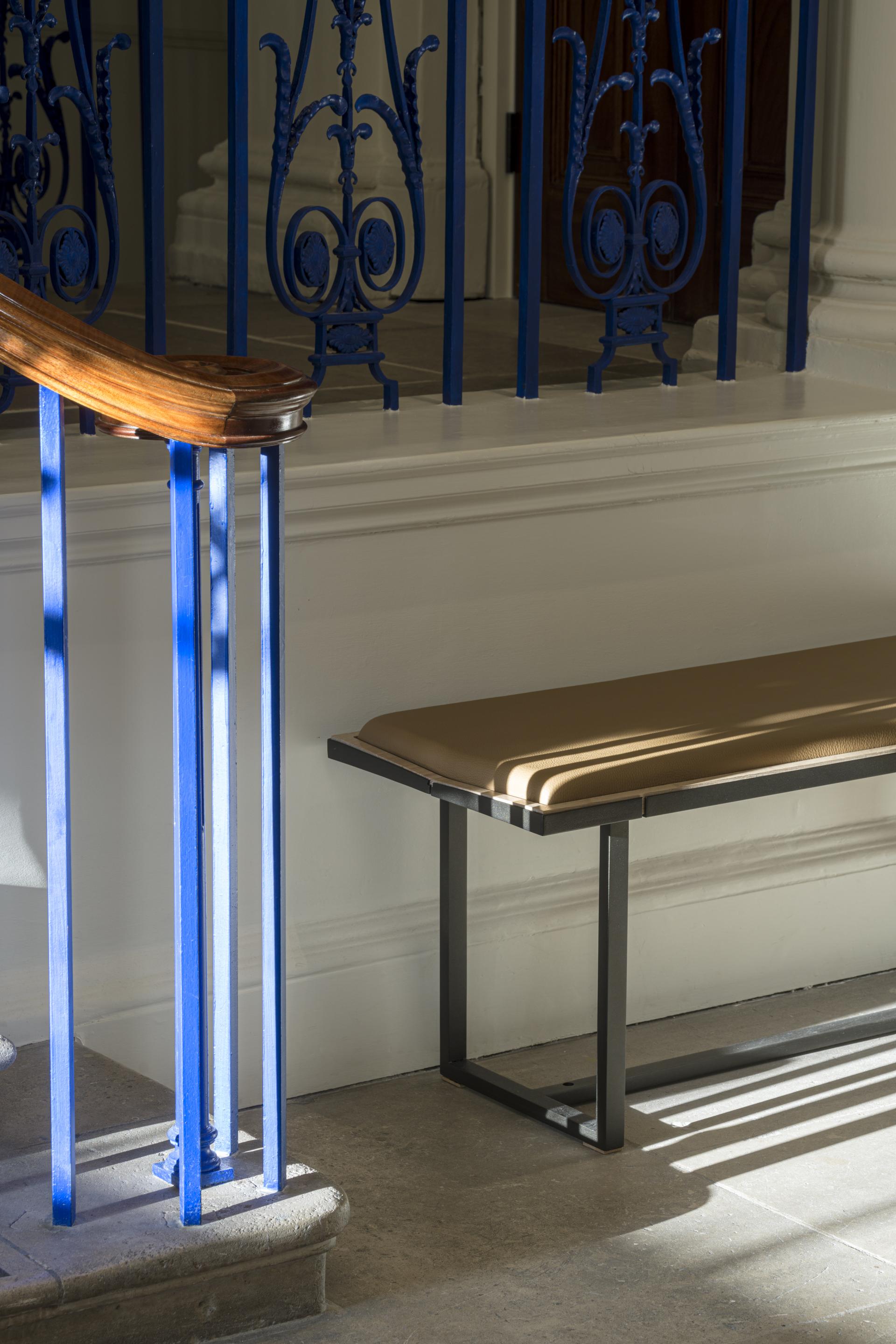 Modern bench and ornate blue railing, highlighting the redesigned visitor experience at The Courtauld Gallery.